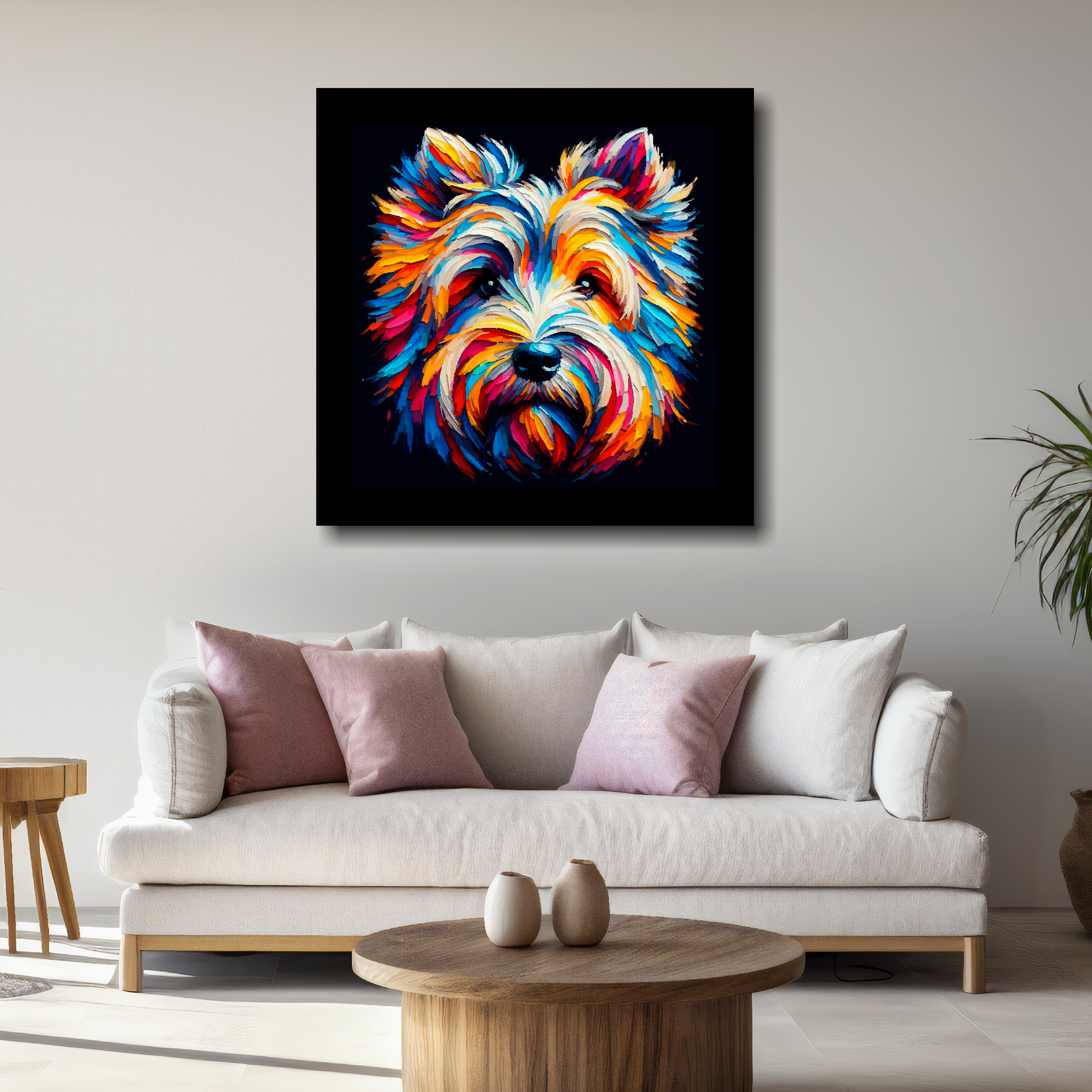 Large Skye Terrier canvas above white sofa - vibrant abstract dog portrait wall art UK