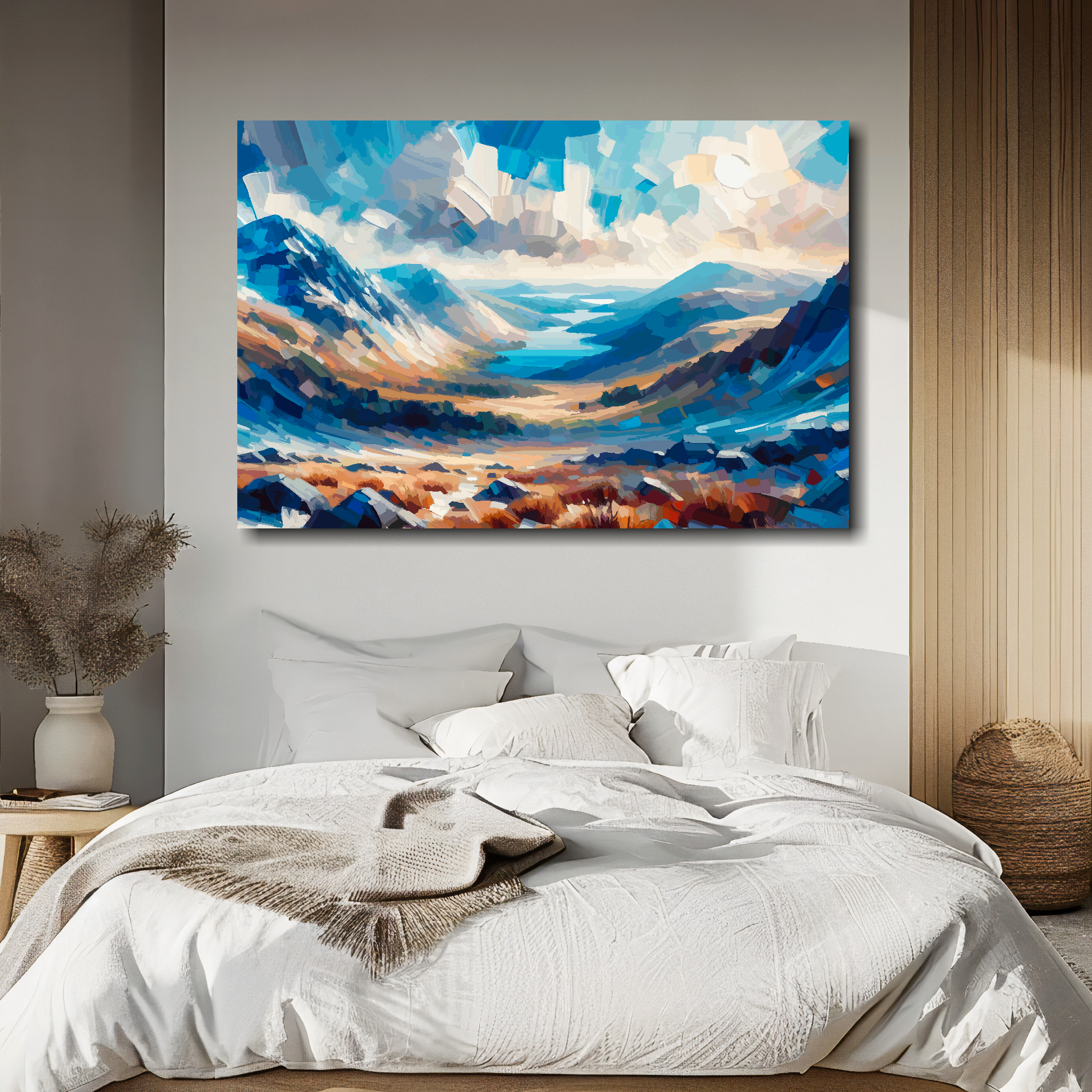 Snowdonia canvas above bed - colourful Welsh mountain wall decor for UK bedrooms