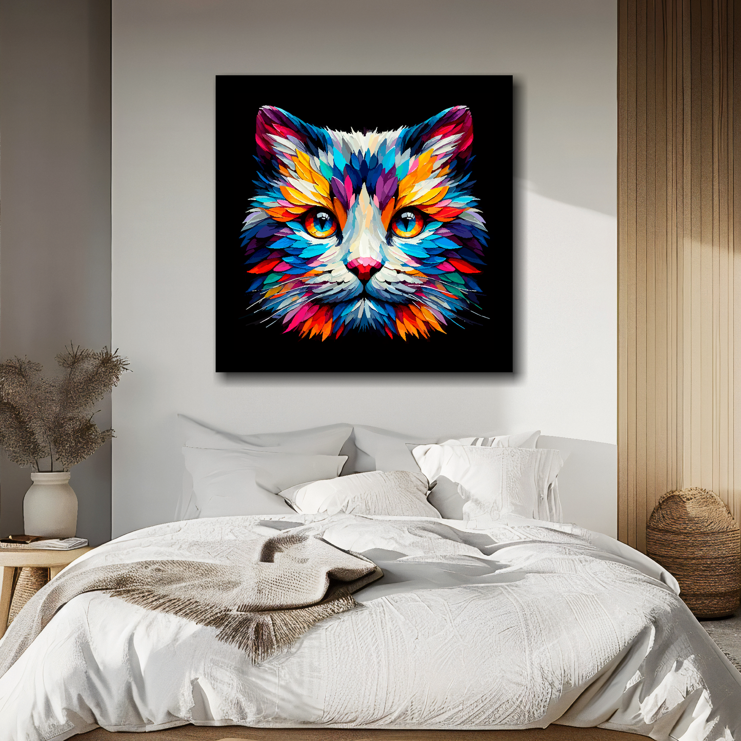 Snowshoe cat portrait canvas above bed - colourful cat wall decor for UK bedrooms