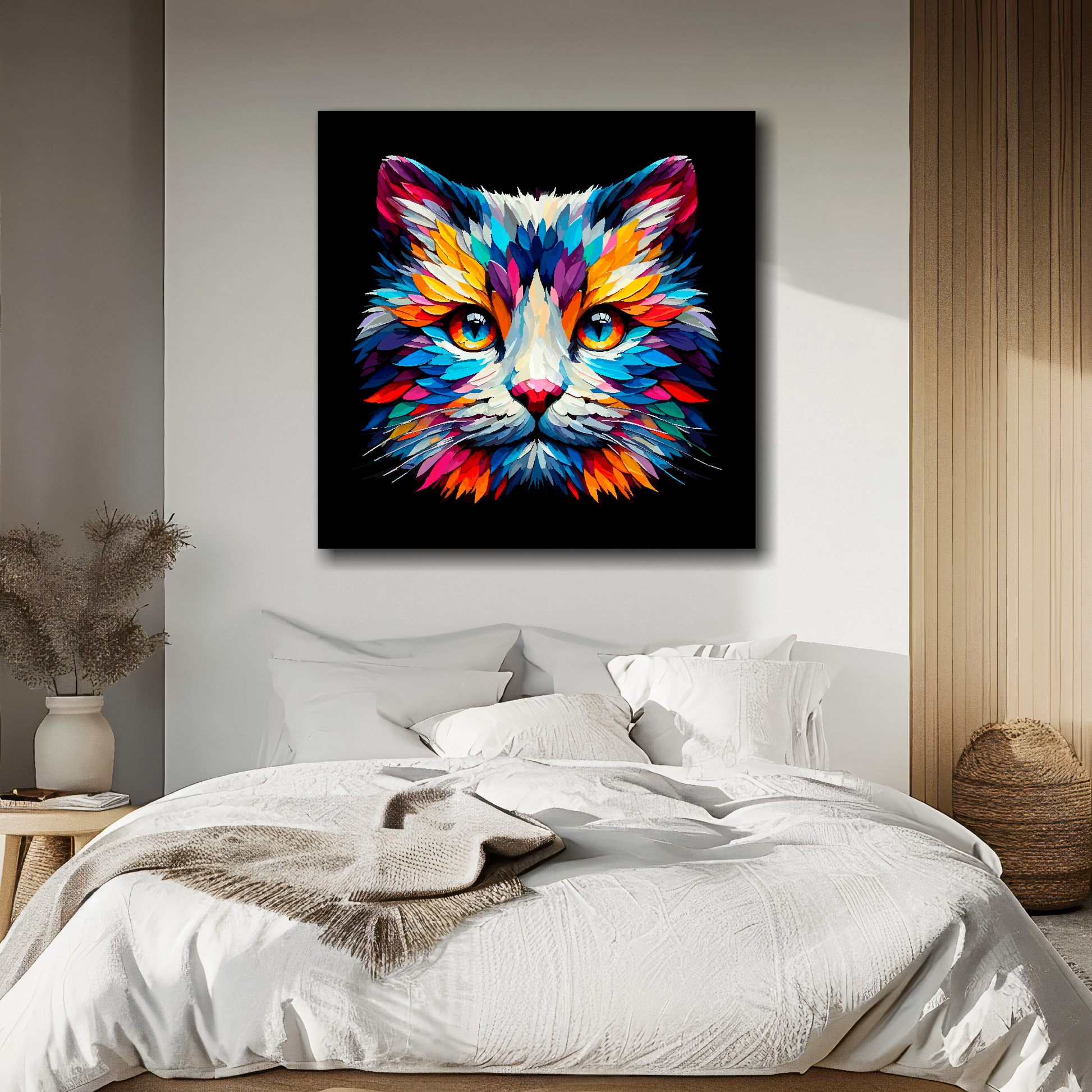 Snowshoe cat portrait canvas above bed - colourful cat wall decor for UK bedrooms