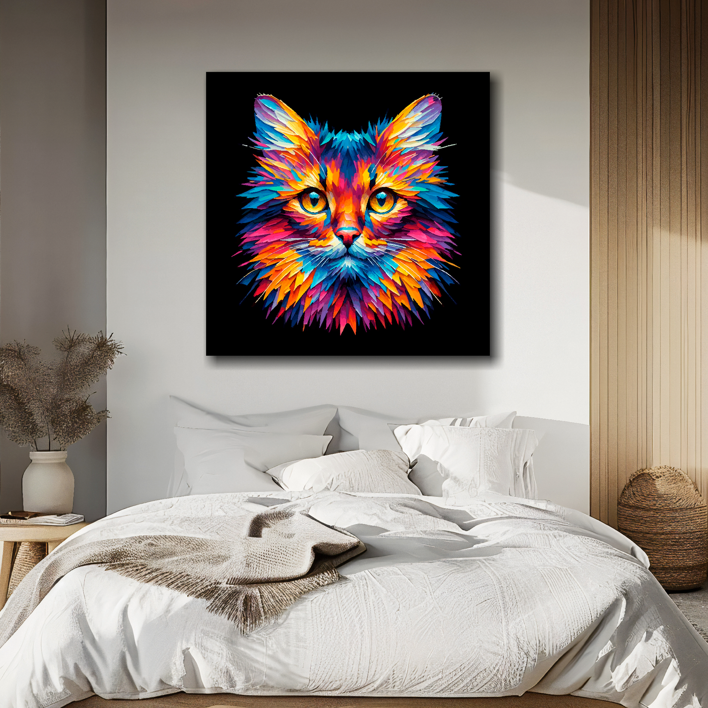 Somali cat portrait canvas above bed - colourful cat wall decor for UK bedrooms