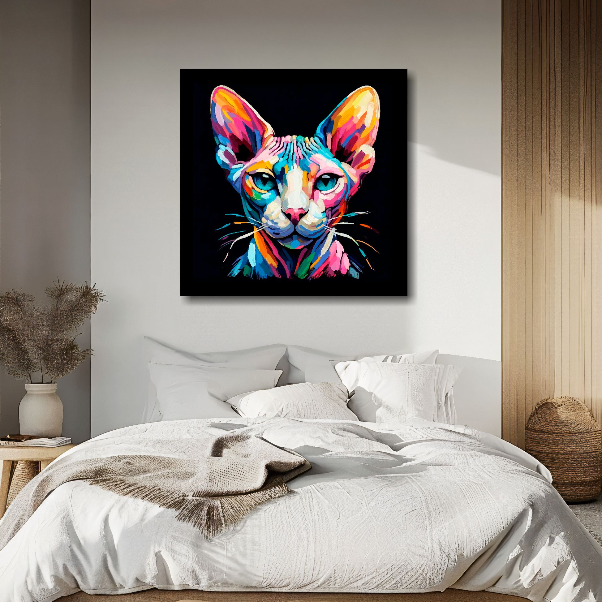 Sphynx cat portrait canvas above bed - colourful cat wall decor for UK bedrooms