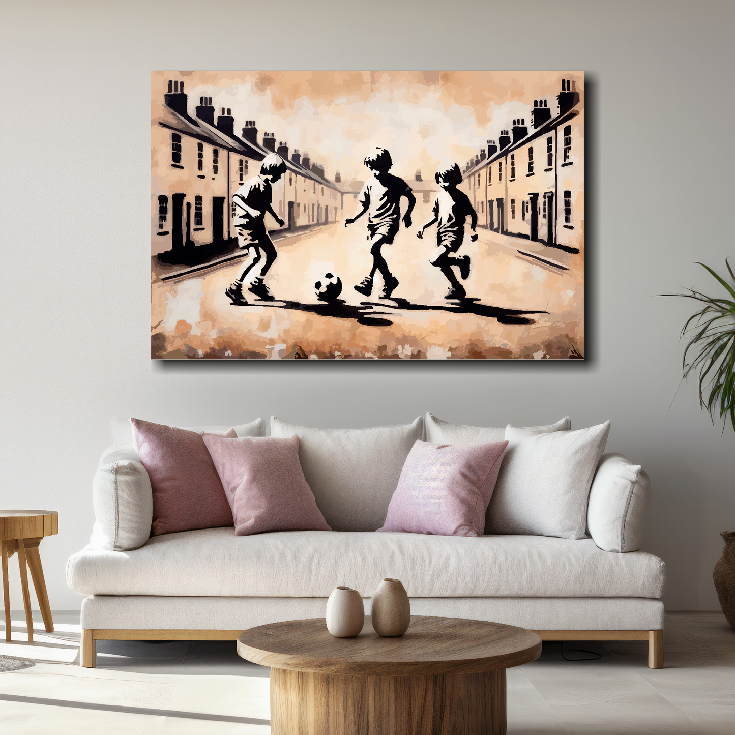 Large street footy canvas above white sofa - vibrant abstract football wall art UK