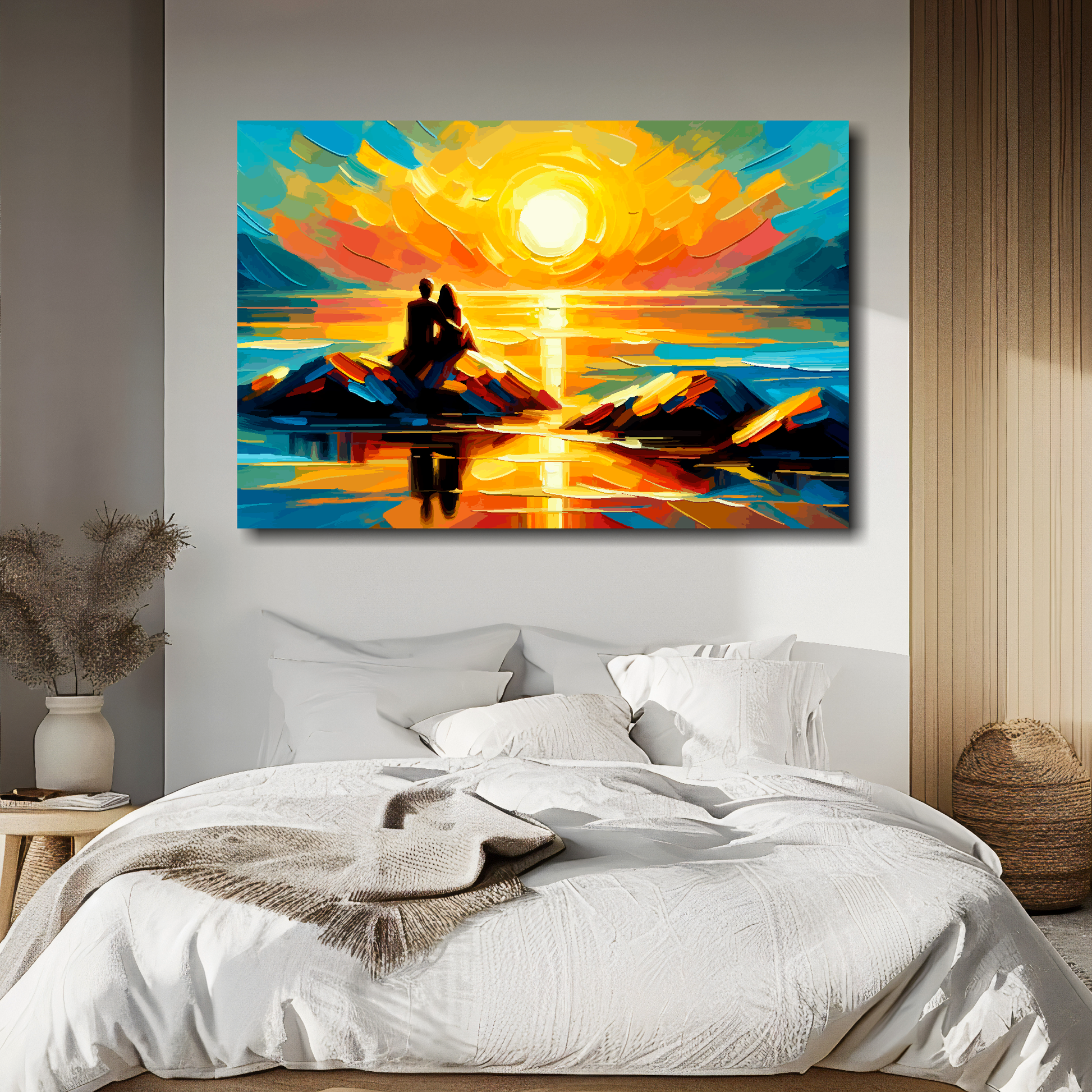 Sunset romance canvas above bed - colourful coastal wall decor for UK bedrooms
