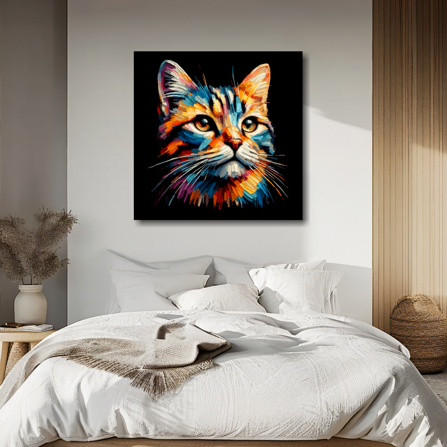 Tabby cat portrait canvas above bed - colourful cat wall decor for UK bedrooms