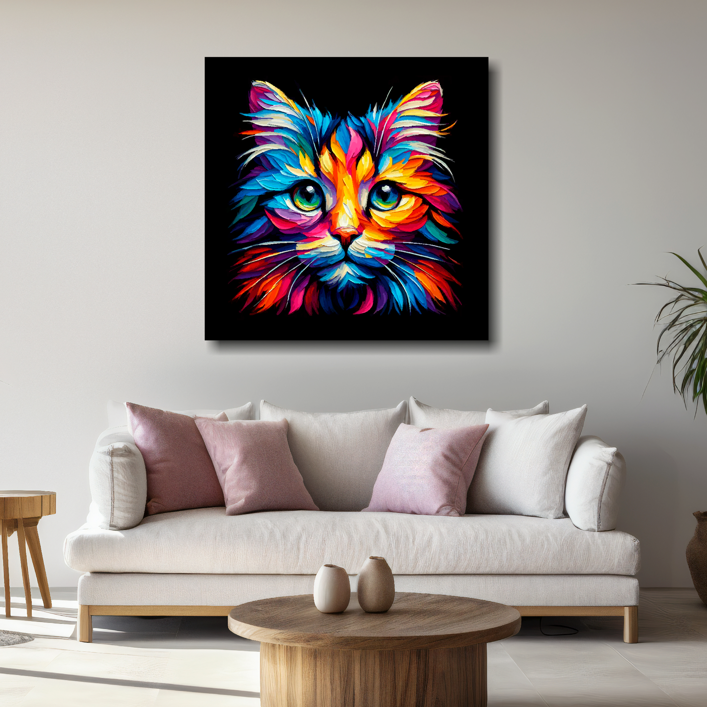 Large Tiffany cat canvas above white sofa - vibrant abstract cat portrait wall art UK