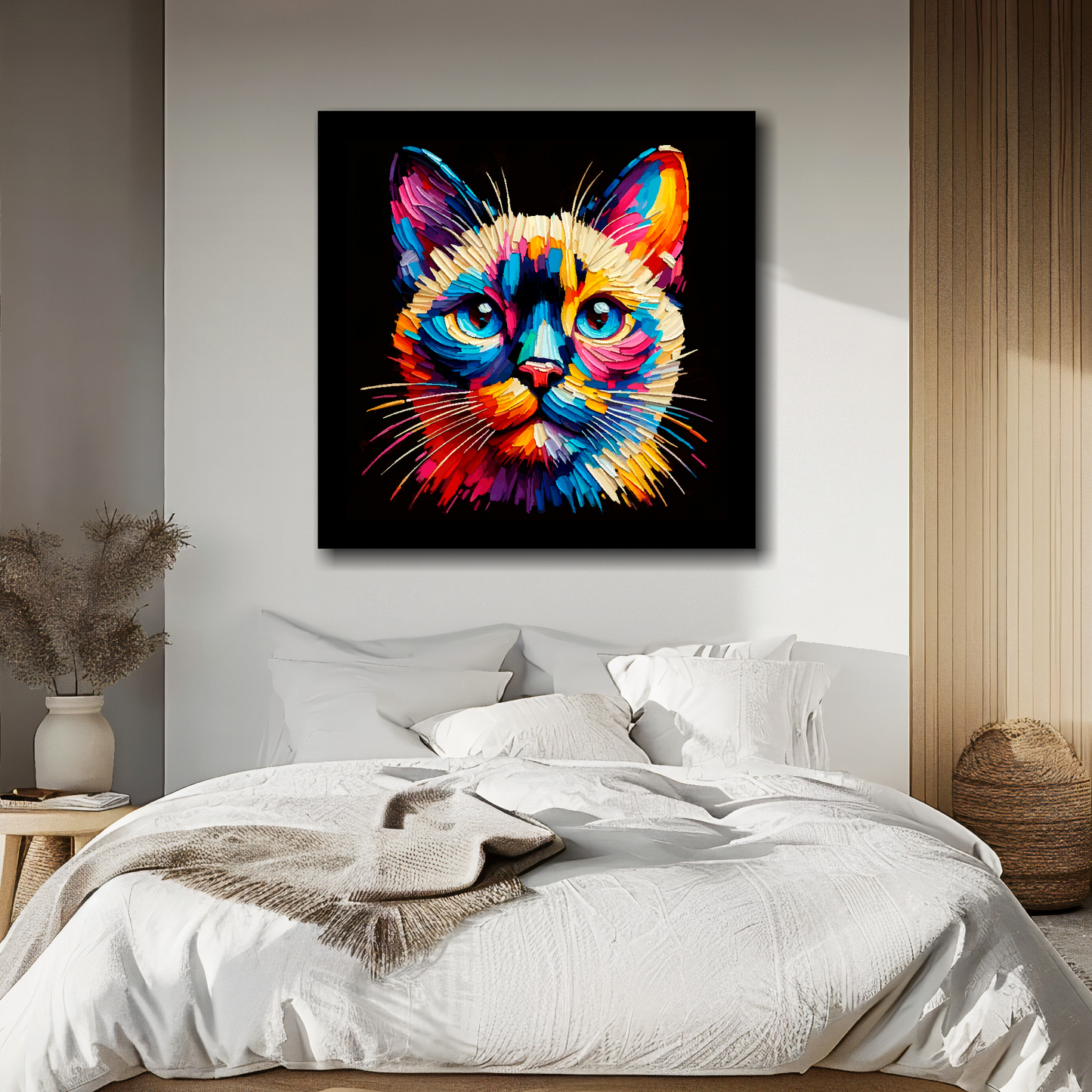 Tonkinese cat portrait canvas above bed - colourful cat wall decor for UK bedrooms