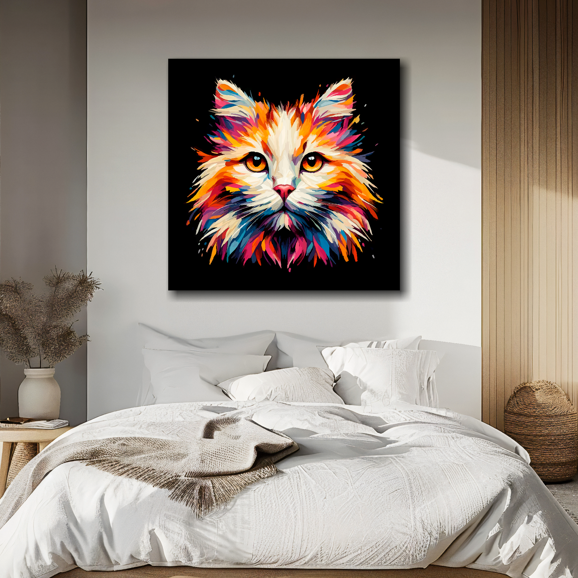 Turkish Van cat portrait canvas above bed - colourful cat wall decor for UK bedrooms