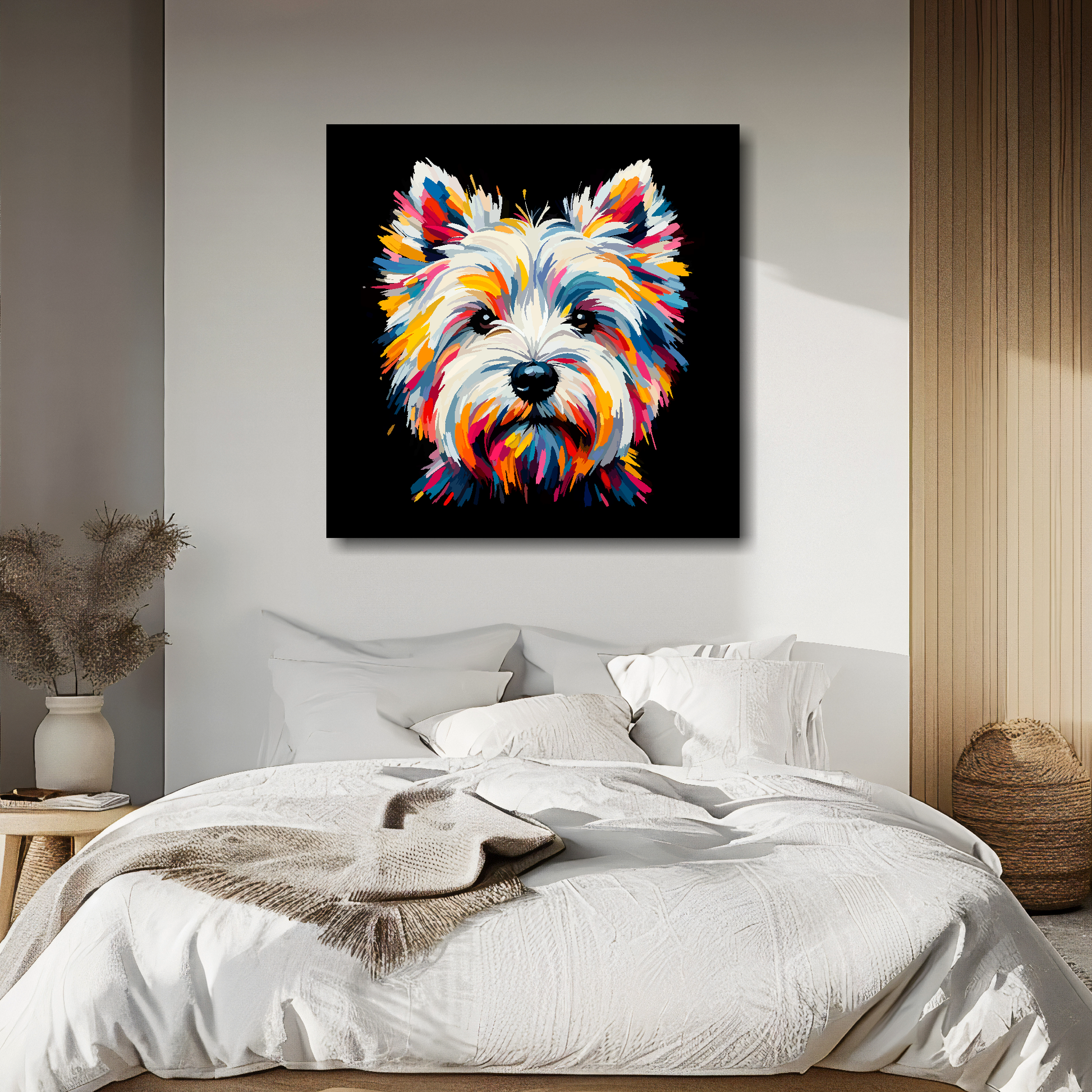 West Highland Terrier portrait canvas above bed - colourful dog wall decor for UK bedrooms
