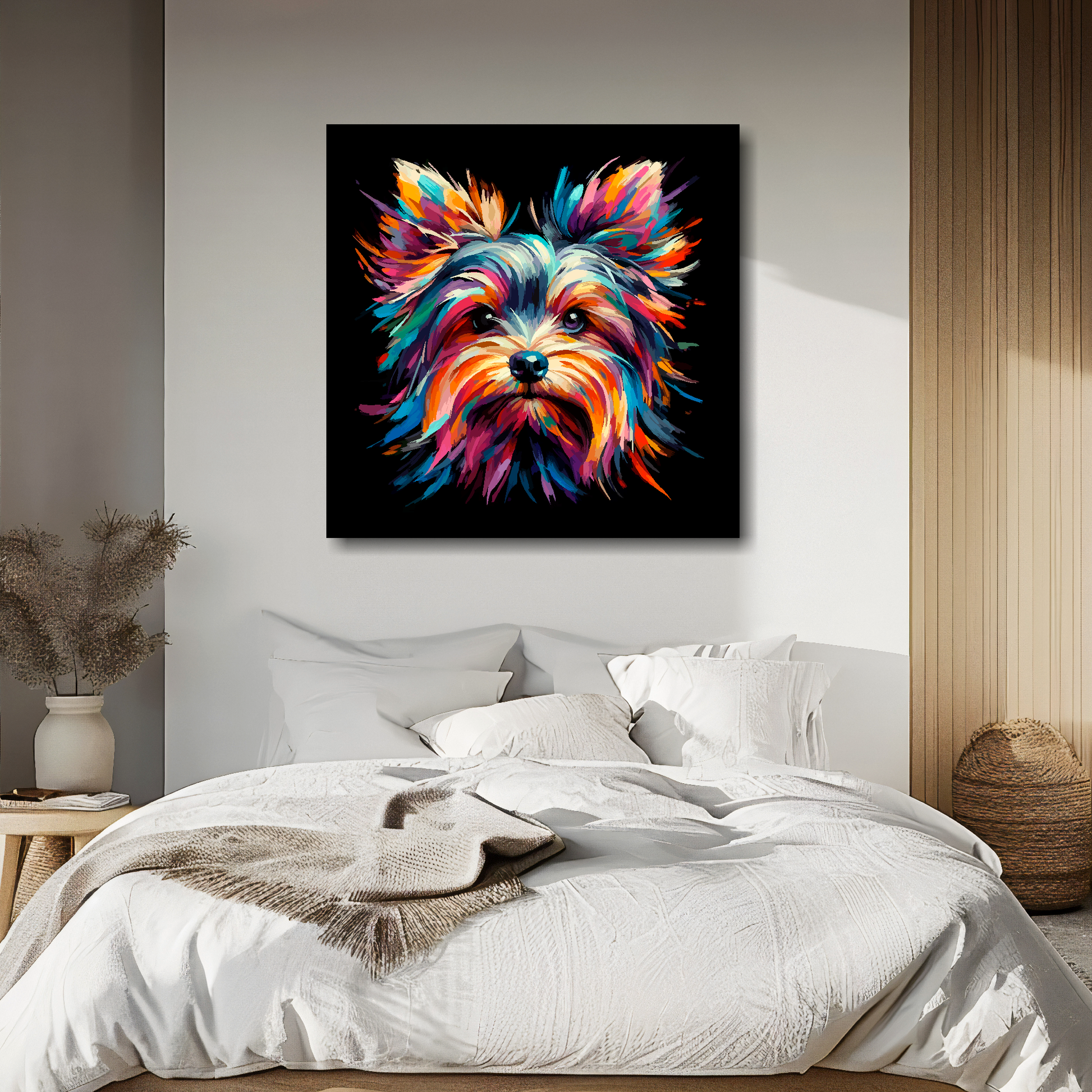 Yorkshire Terrier portrait canvas above bed - colourful dog wall decor for UK bedrooms