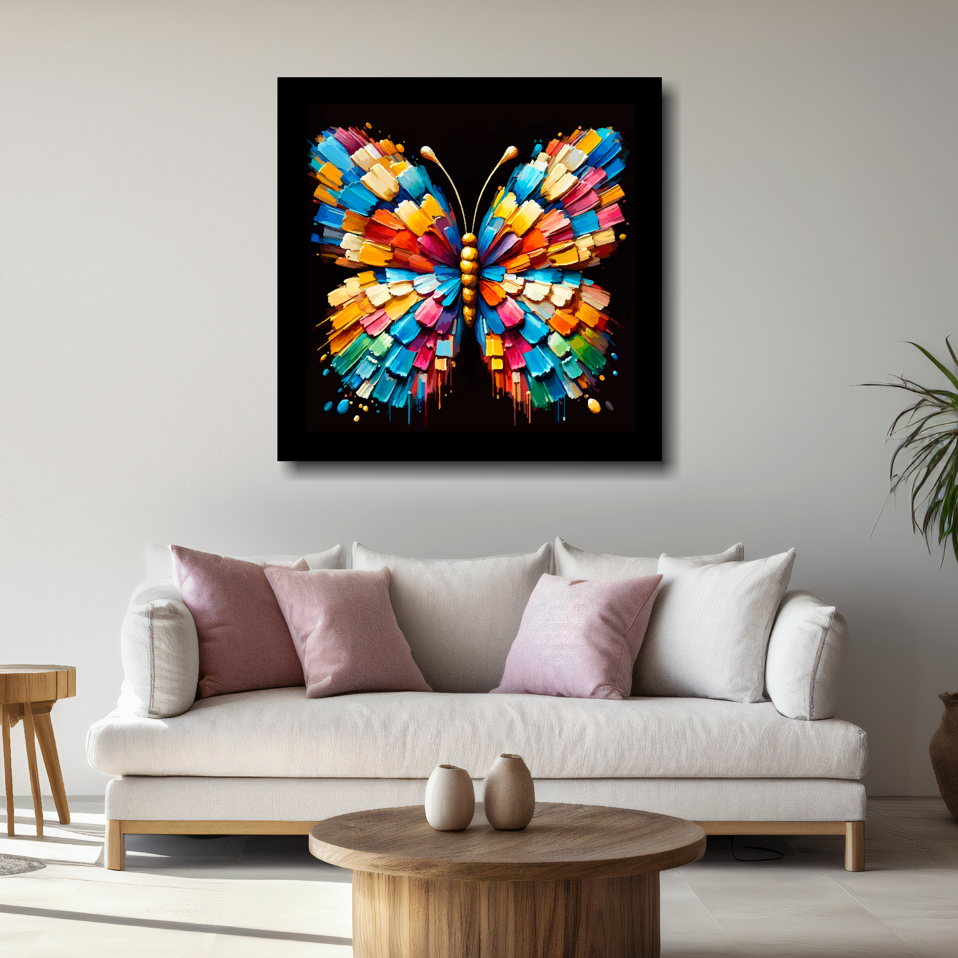 Large Butterfly canvas above white sofa - vibrant abstract insect portrait wall art UK