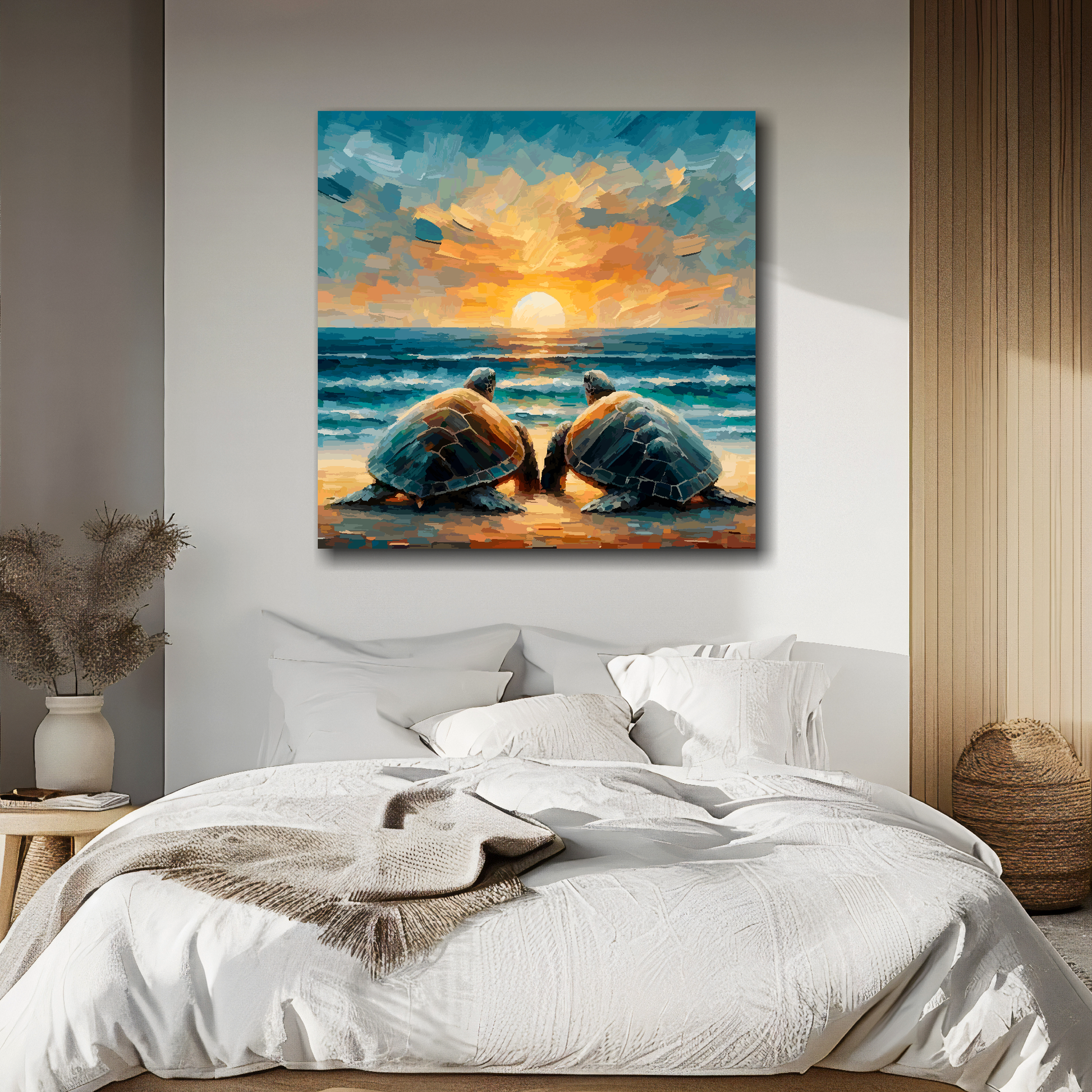 Turtle love canvas above bed - colourful wildlife wall decor for UK bedrooms