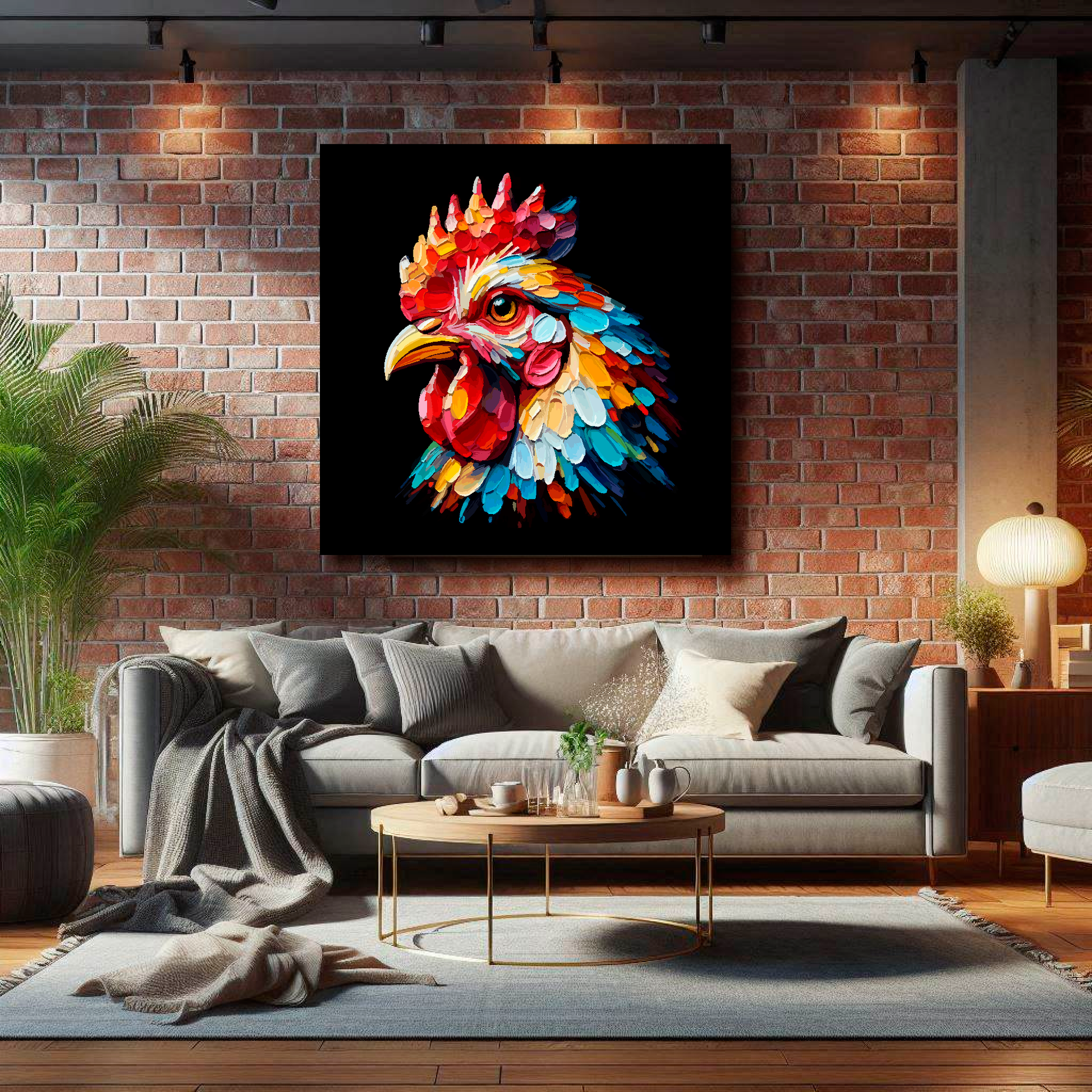 Large Chicken canvas on brick wall above grey sofa - bold farm animal portrait UK living room