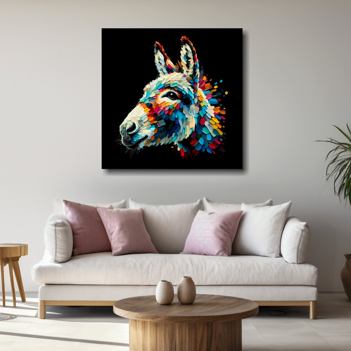 Large Donkey canvas above white sofa - vibrant abstract farm animal portrait wall art UK