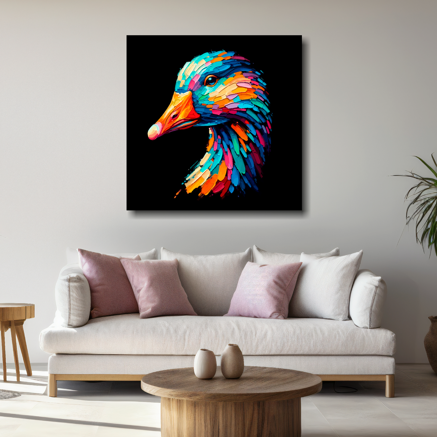 Large Goose canvas above white sofa - vibrant abstract bird portrait wall art UK