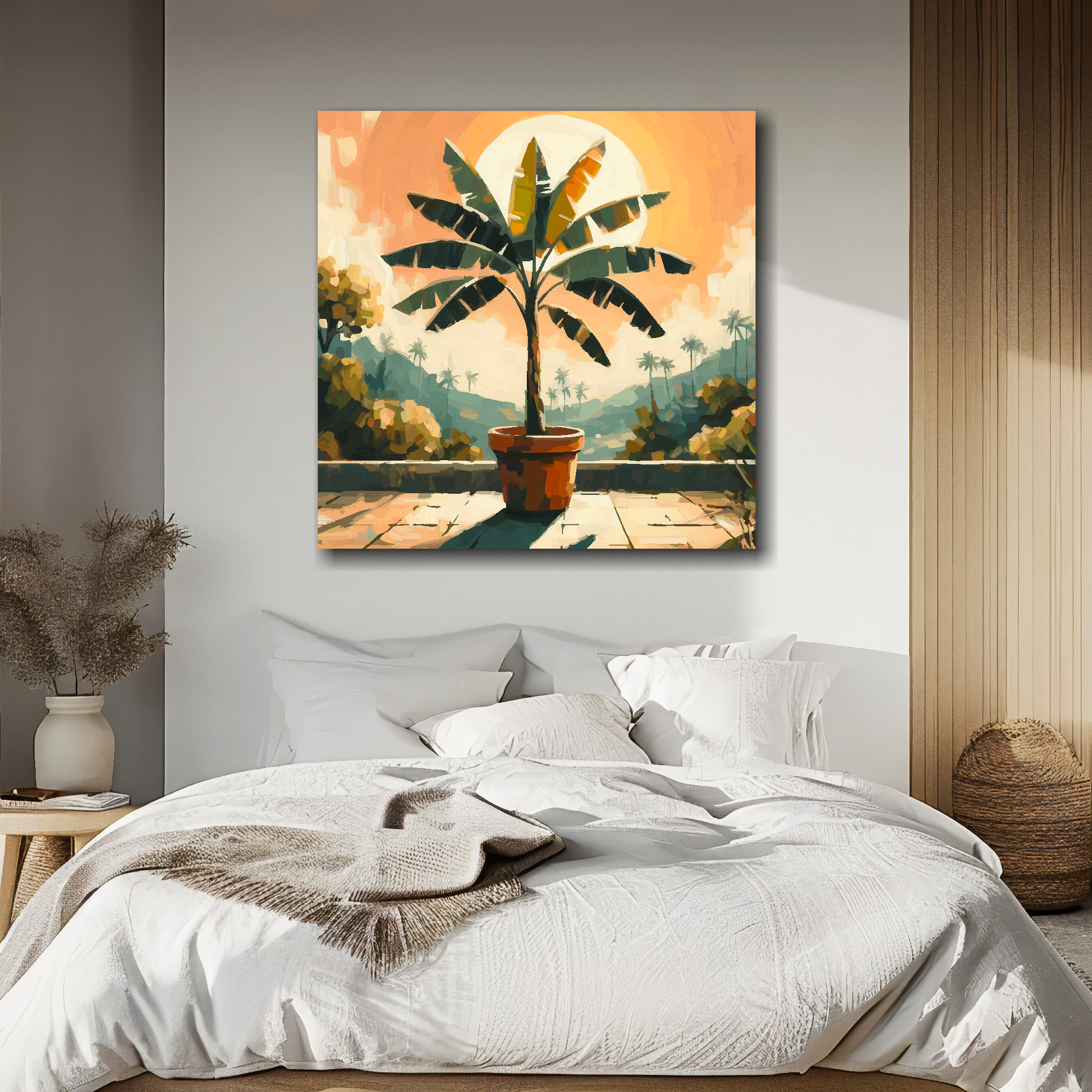 Banana tree canvas above bed - colourful botanical wall decor for UK bedrooms