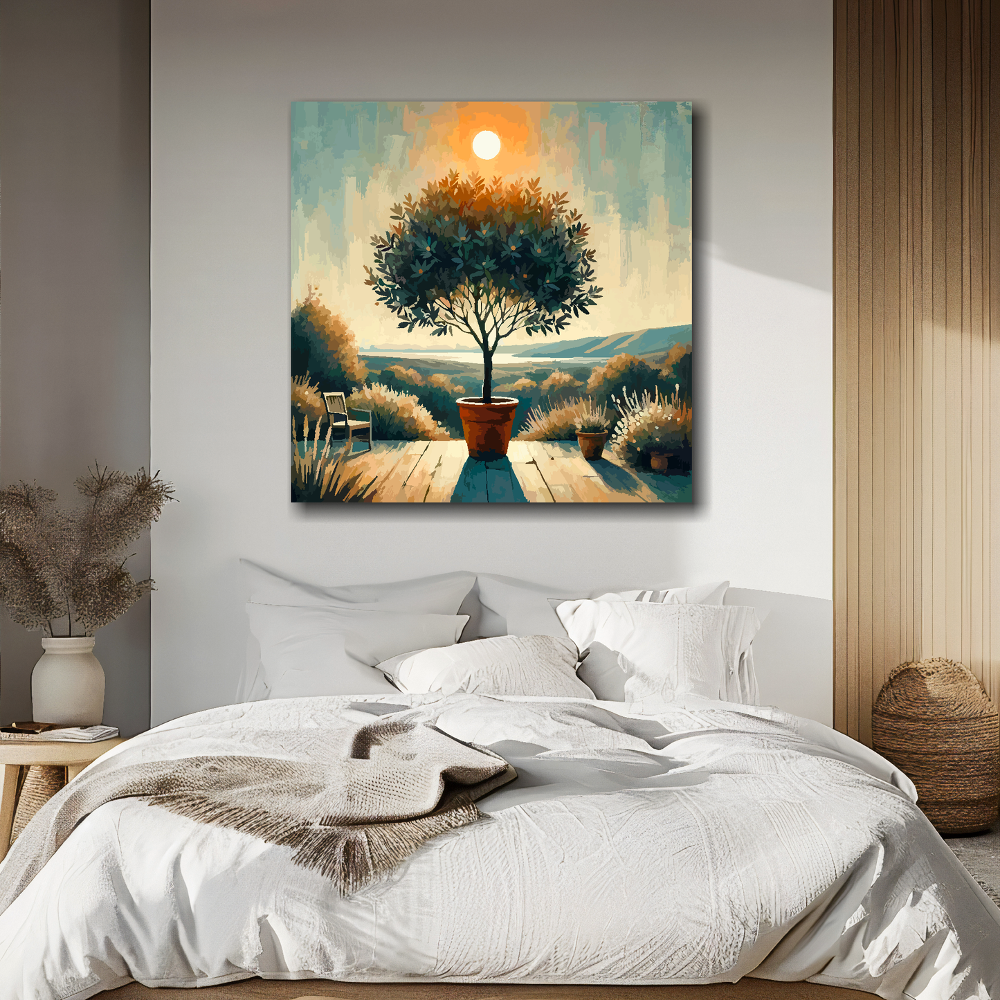Bay tree canvas above bed - colourful botanical wall decor for UK bedrooms