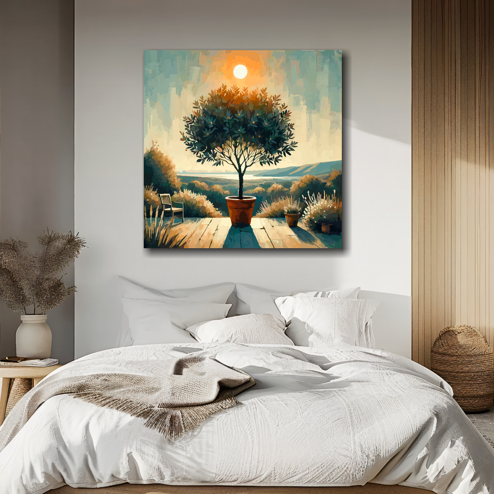 Bay tree canvas above bed - colourful botanical wall decor for UK bedrooms