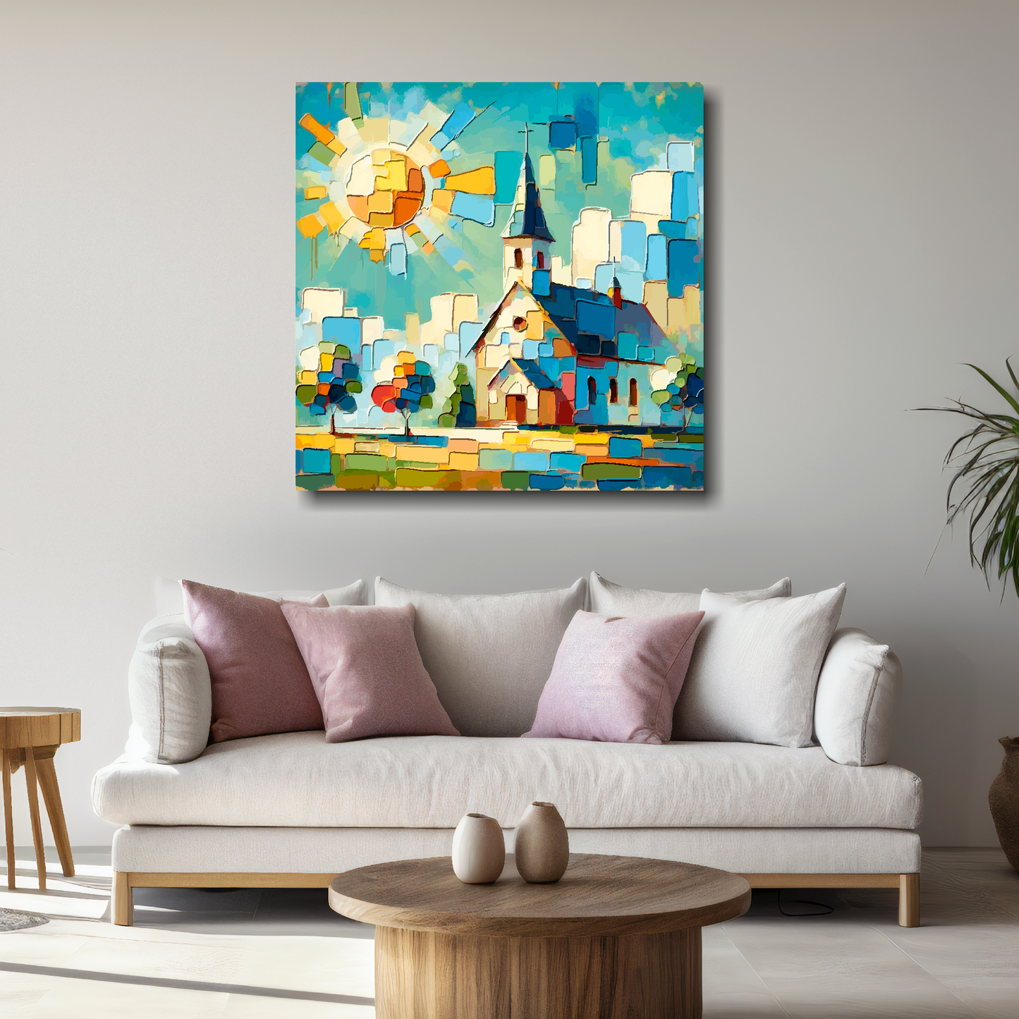 Large colourful church canvas above white sofa - vibrant abstract architectural wall art UK