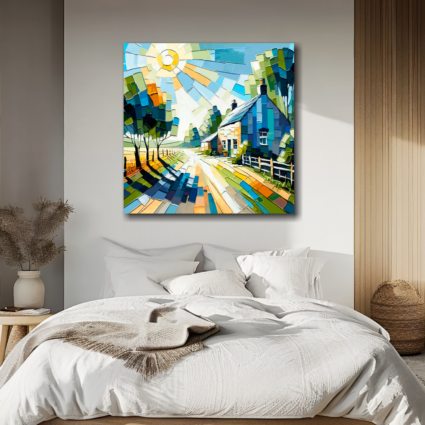 Cottage lane canvas above bed - colourful countryside wall decor for UK bedrooms
