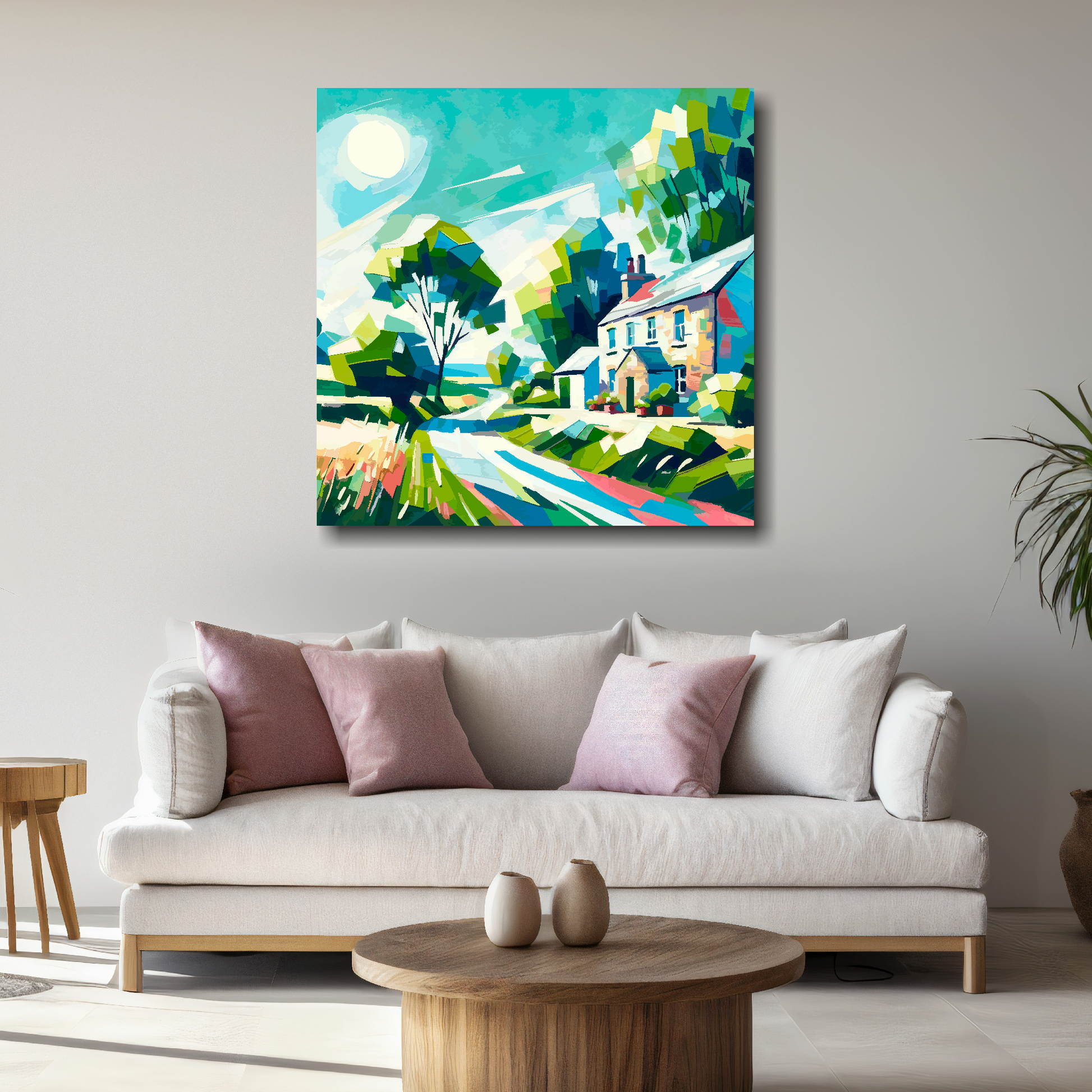 Large country lane canvas above white sofa - vibrant abstract countryside wall art UK