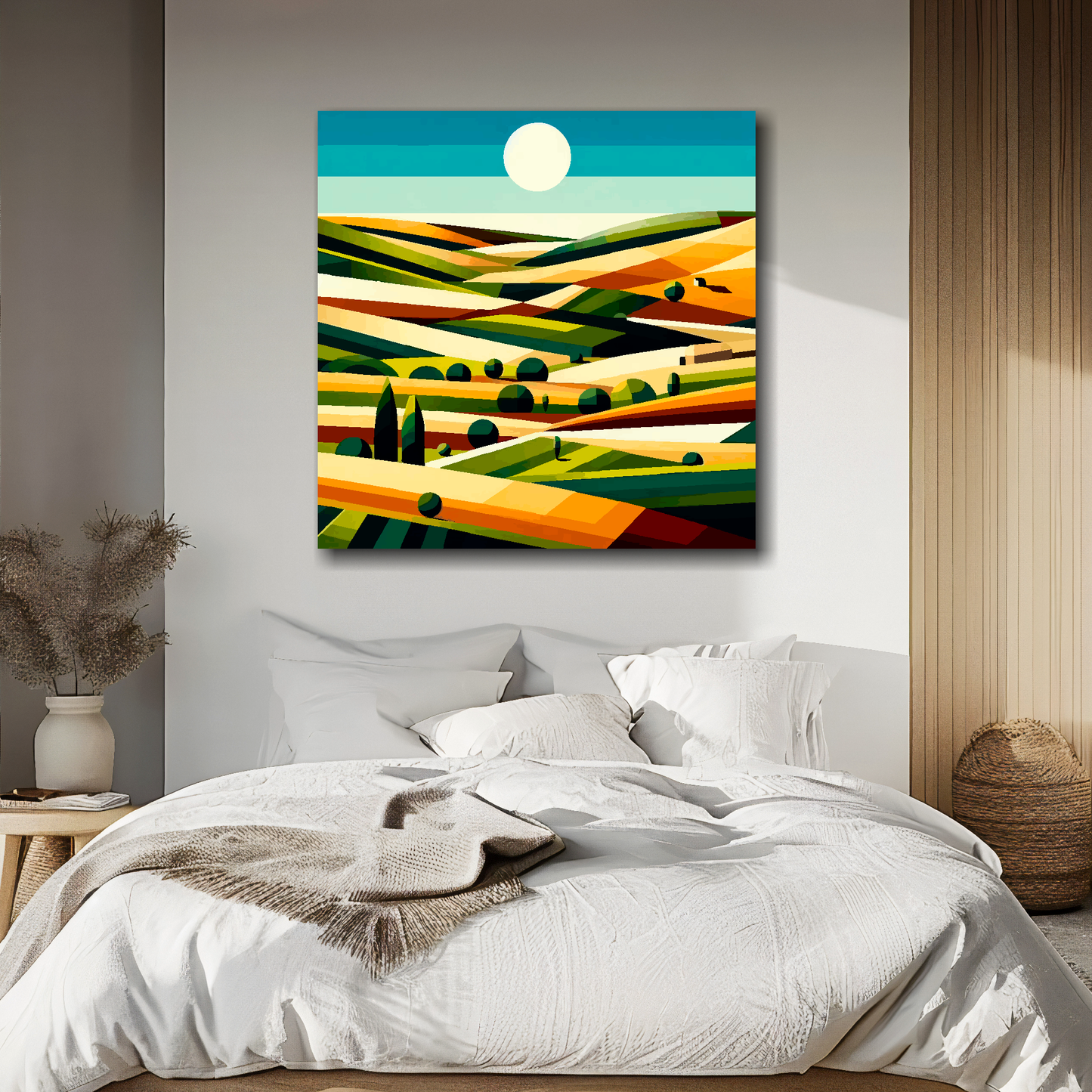 Field landscape canvas above bed - colourful countryside wall decor for UK bedrooms