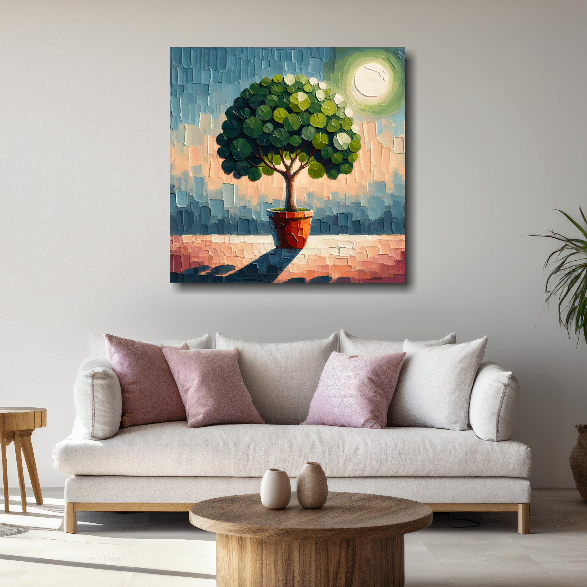 Large fig tree canvas above white sofa - vibrant abstract botanical wall art UK