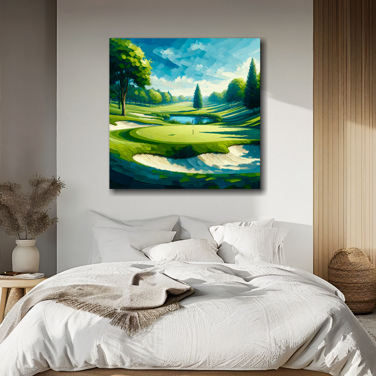Golf landscape canvas above bed - colourful sports wall decor for UK bedrooms