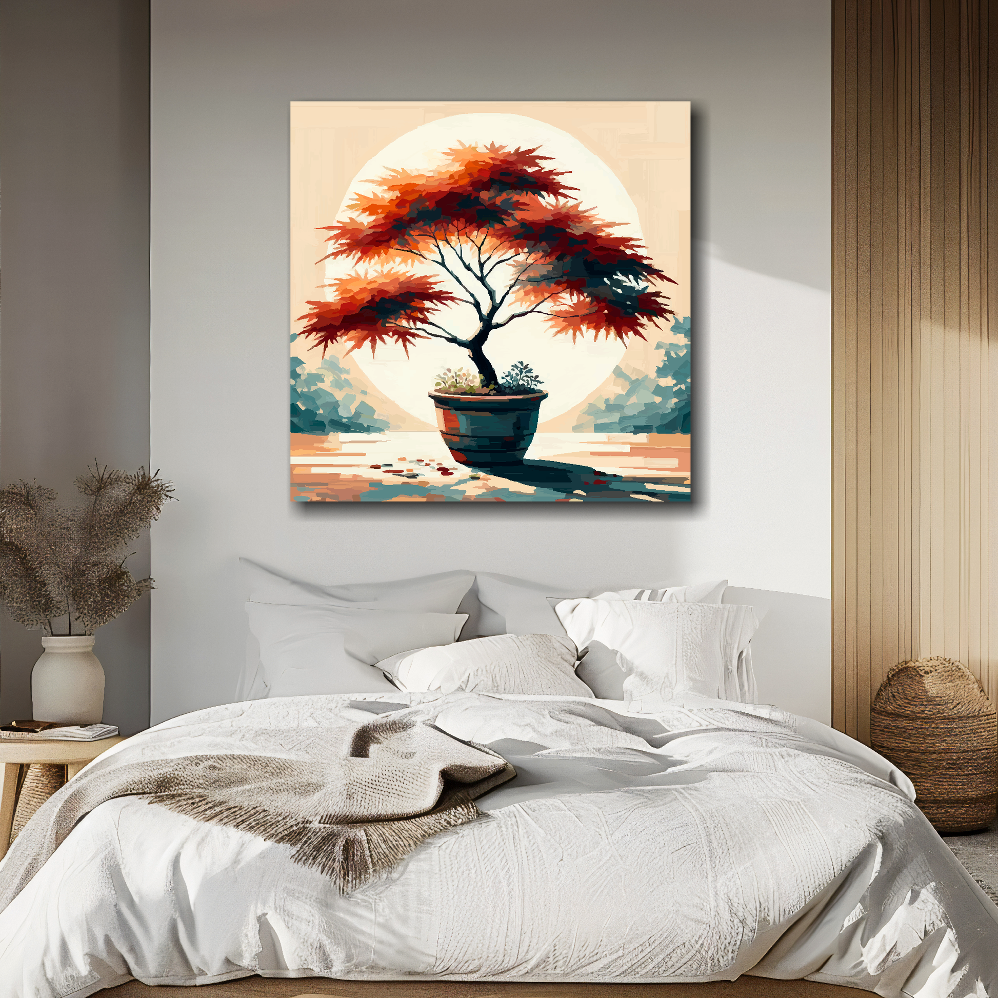 Japanese maple tree canvas above bed - colourful botanical wall decor for UK bedrooms