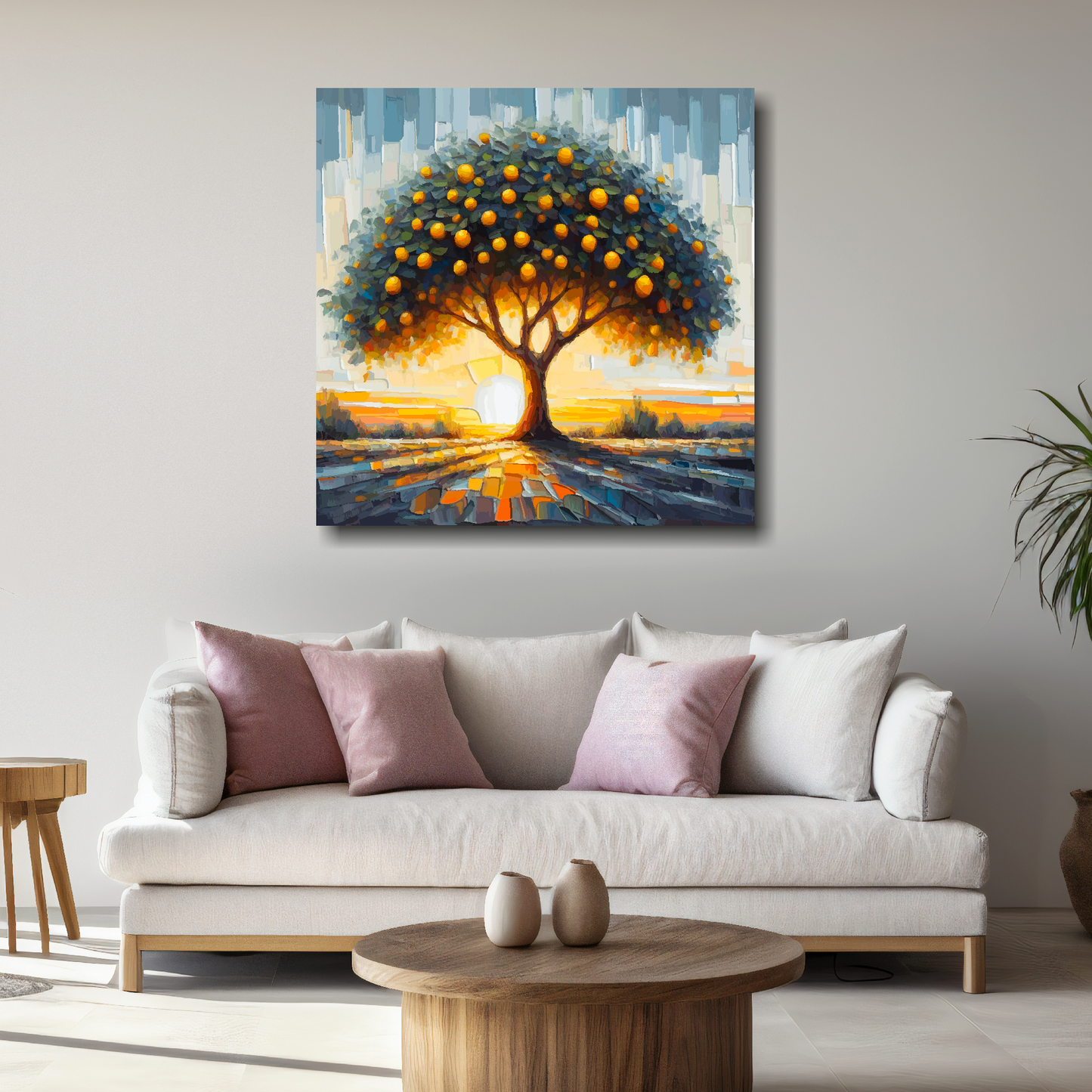 Large lemon tree canvas above white sofa - vibrant abstract botanical wall art UK