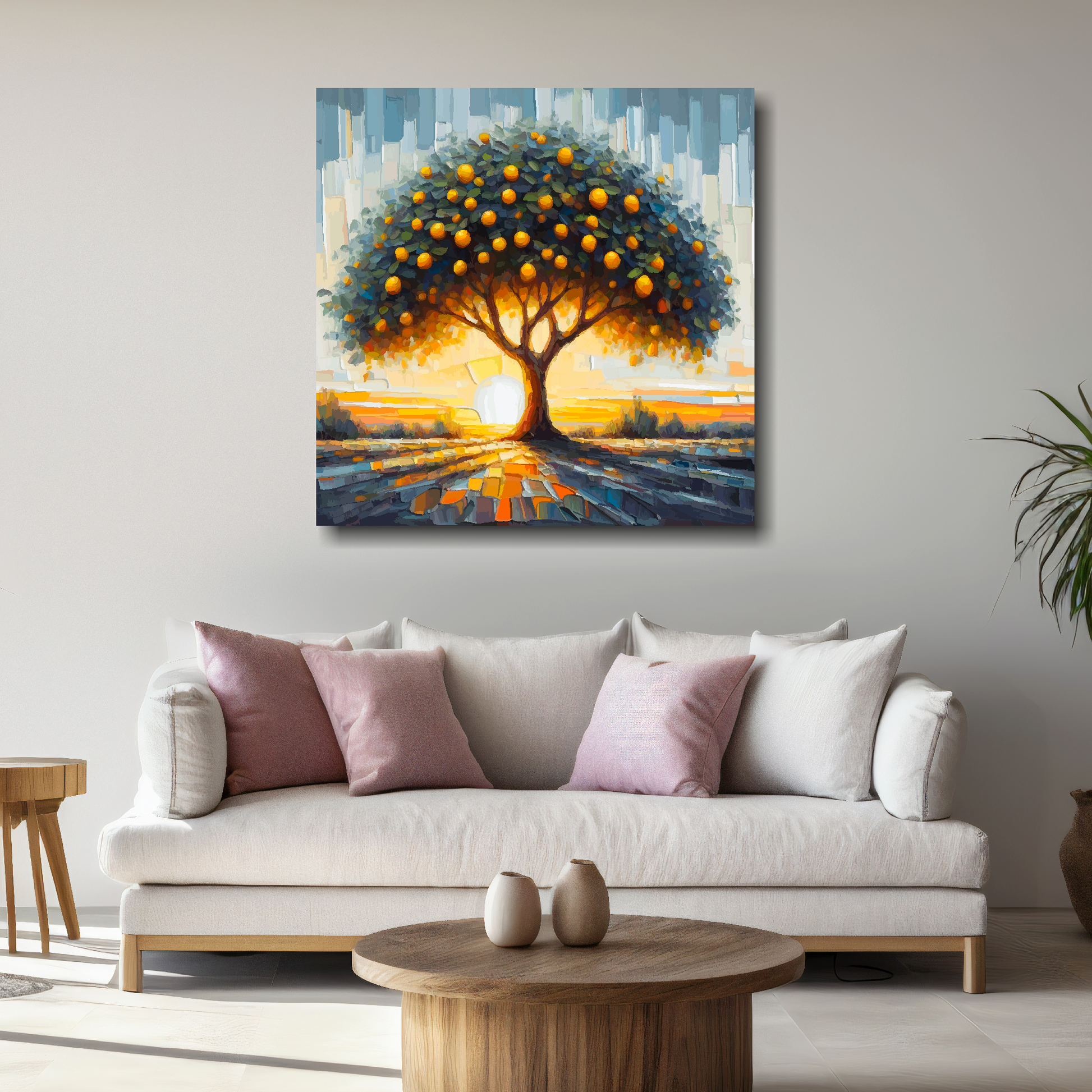 Large lemon tree canvas above white sofa - vibrant abstract botanical wall art UK