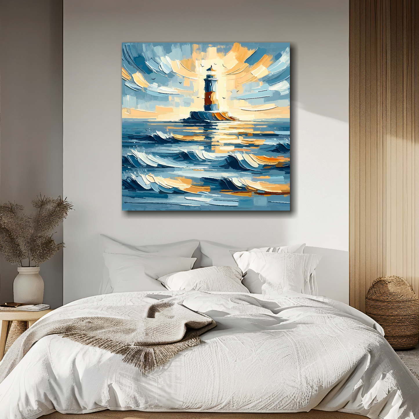 Lighthouse seascape canvas above bed - colourful coastal wall decor for UK bedrooms