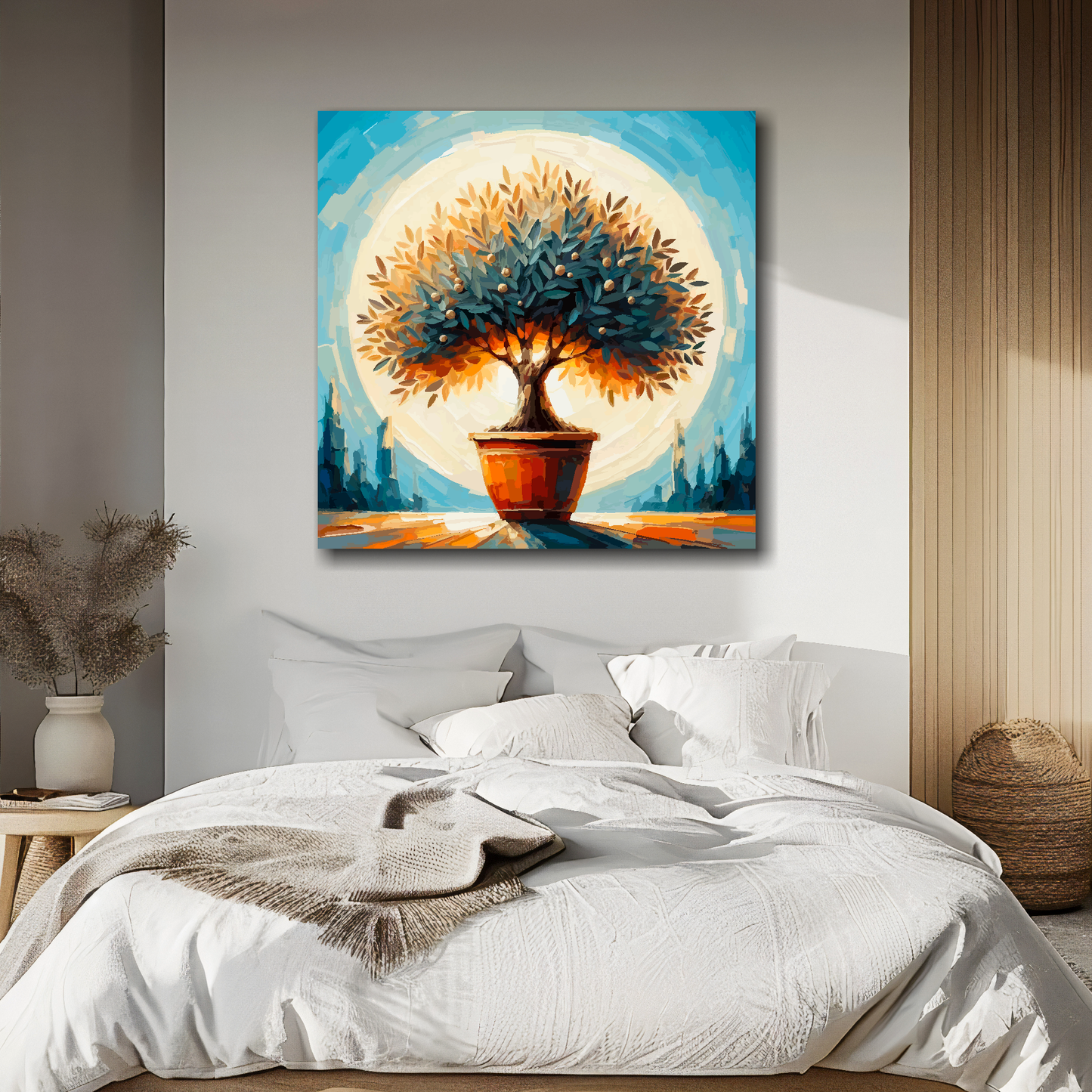 Olive tree canvas above bed - colourful botanical wall decor for UK bedrooms