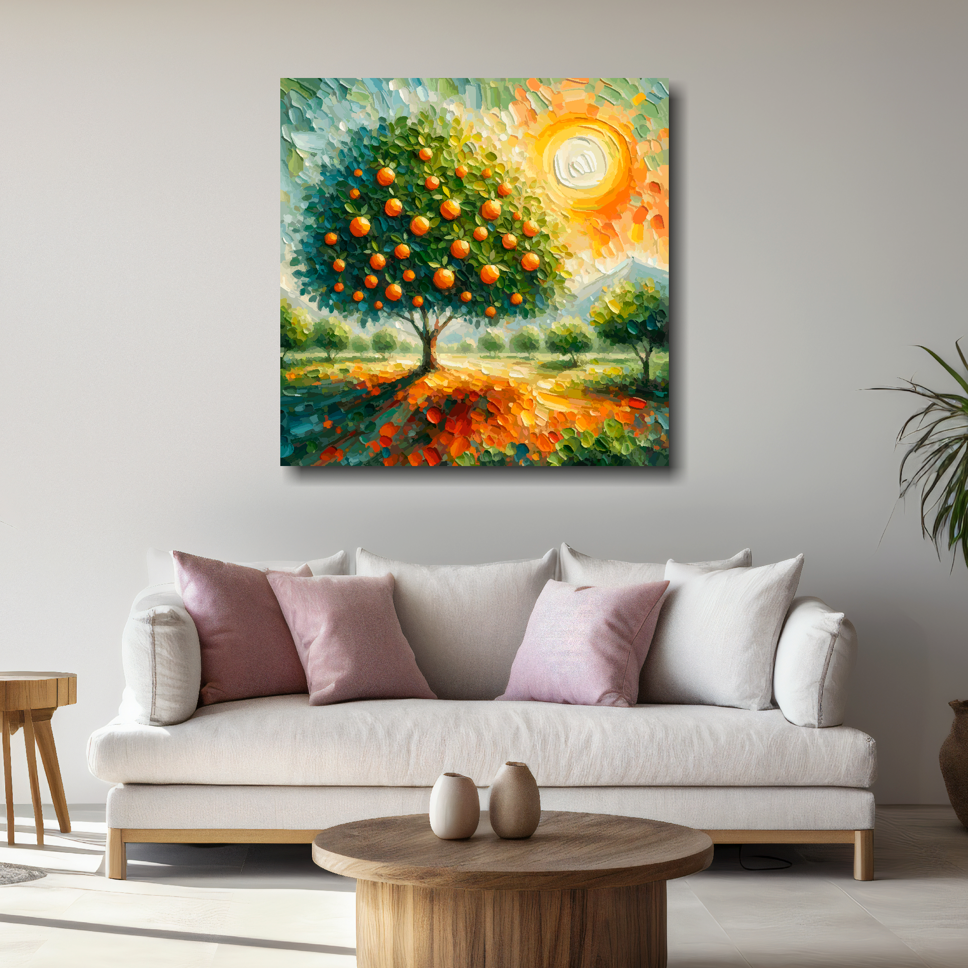 Large orange tree canvas above white sofa - vibrant abstract botanical wall art UK