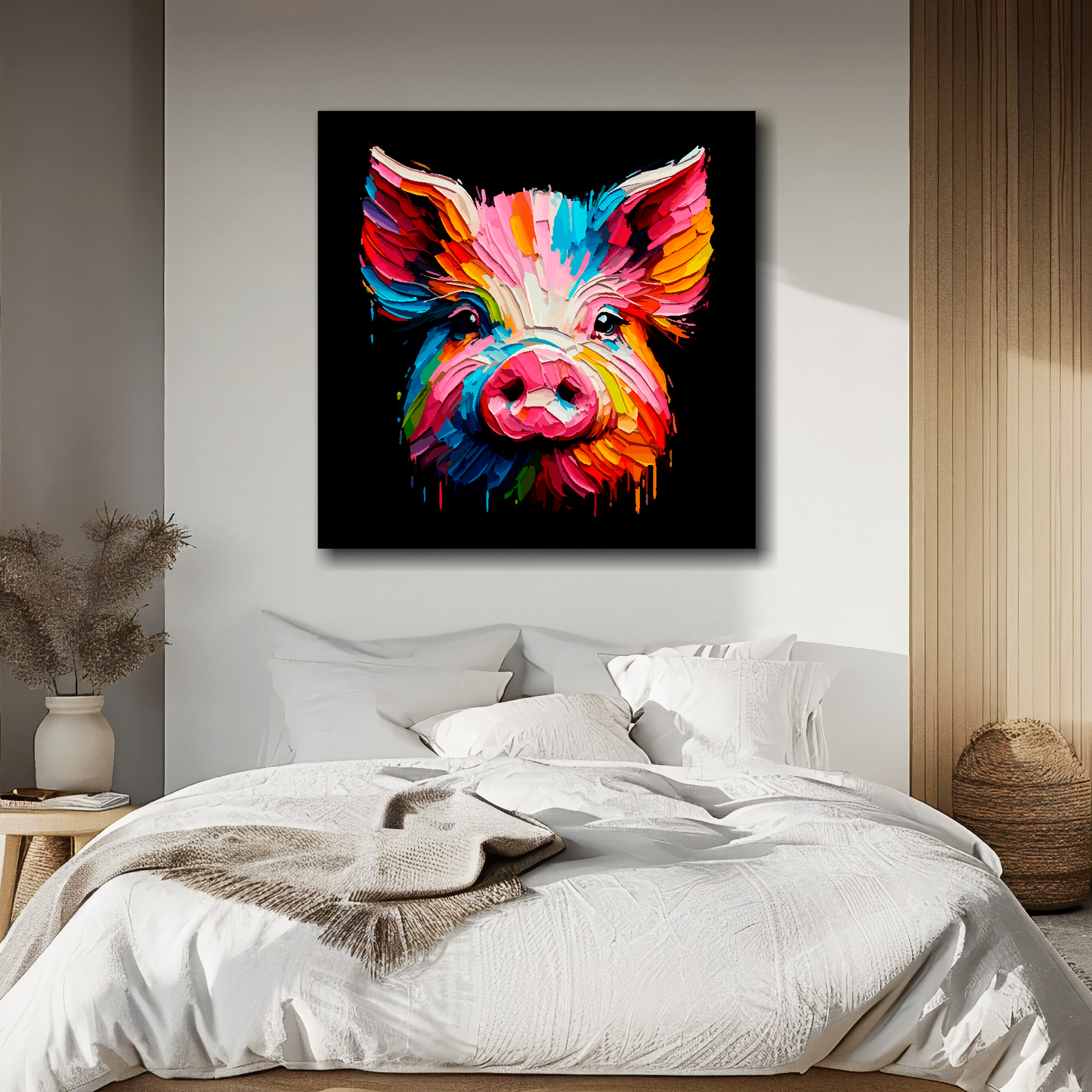 Pig portrait canvas above bed - colourful farm animal wall decor for UK bedrooms
