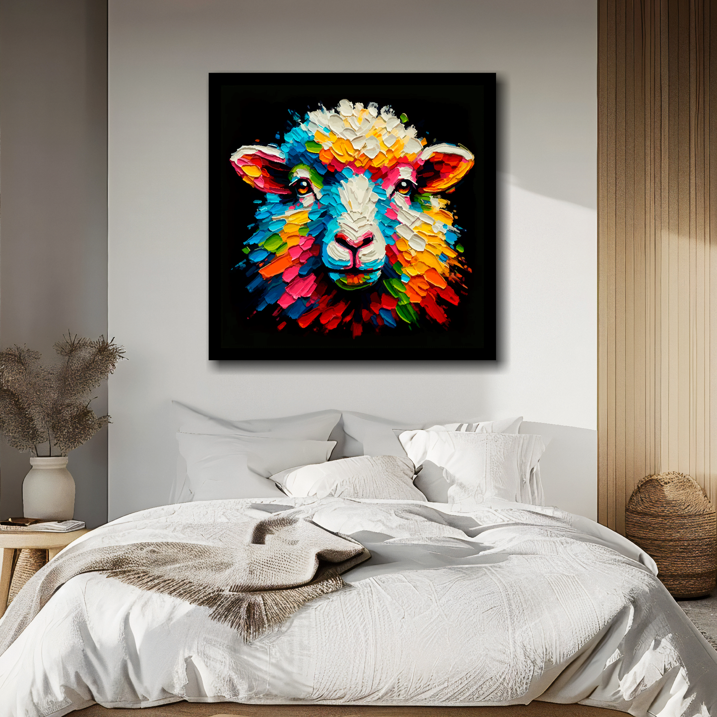 Sheep portrait canvas above bed - colourful farm animal wall decor for UK bedrooms