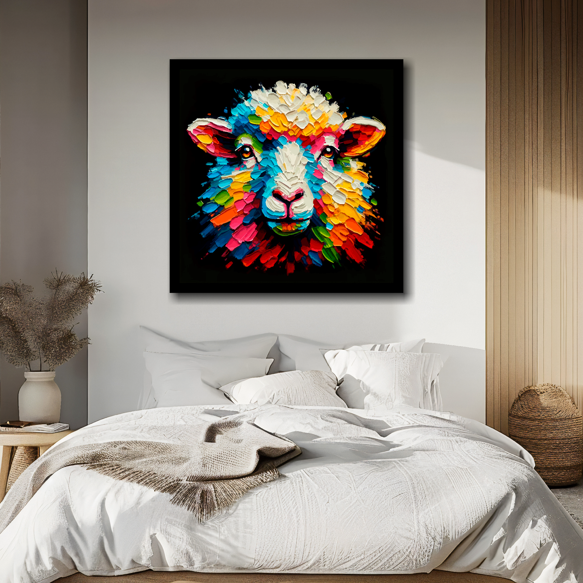 Sheep portrait canvas above bed - colourful farm animal wall decor for UK bedrooms