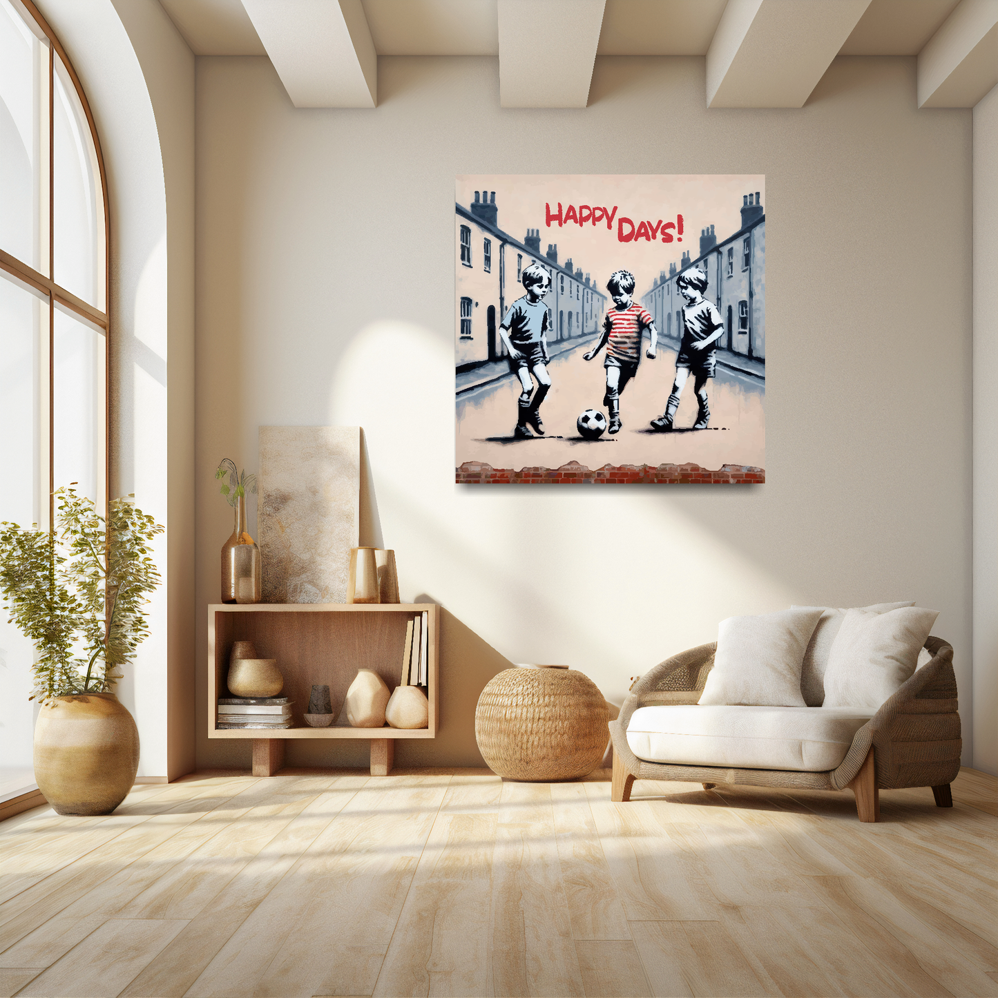 Large happy days boys canvas above white chair - XL football wall mural art UK