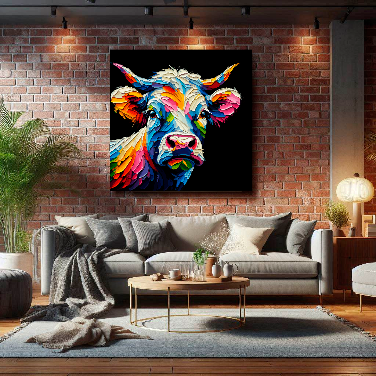 Large Cow canvas on brick wall above grey sofa - bold farm animal portrait UK living room
