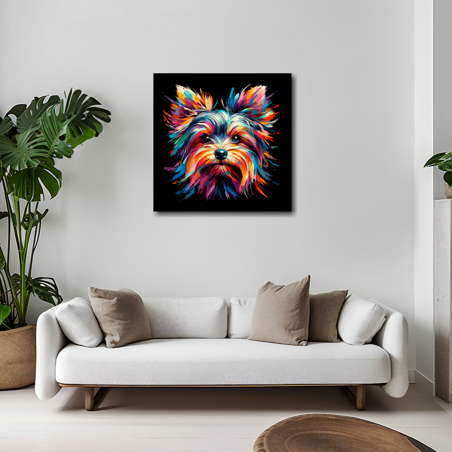 Yorkshire Terrier canvas 20x20 inches above white sofa - vibrant dog portrait wall art UK