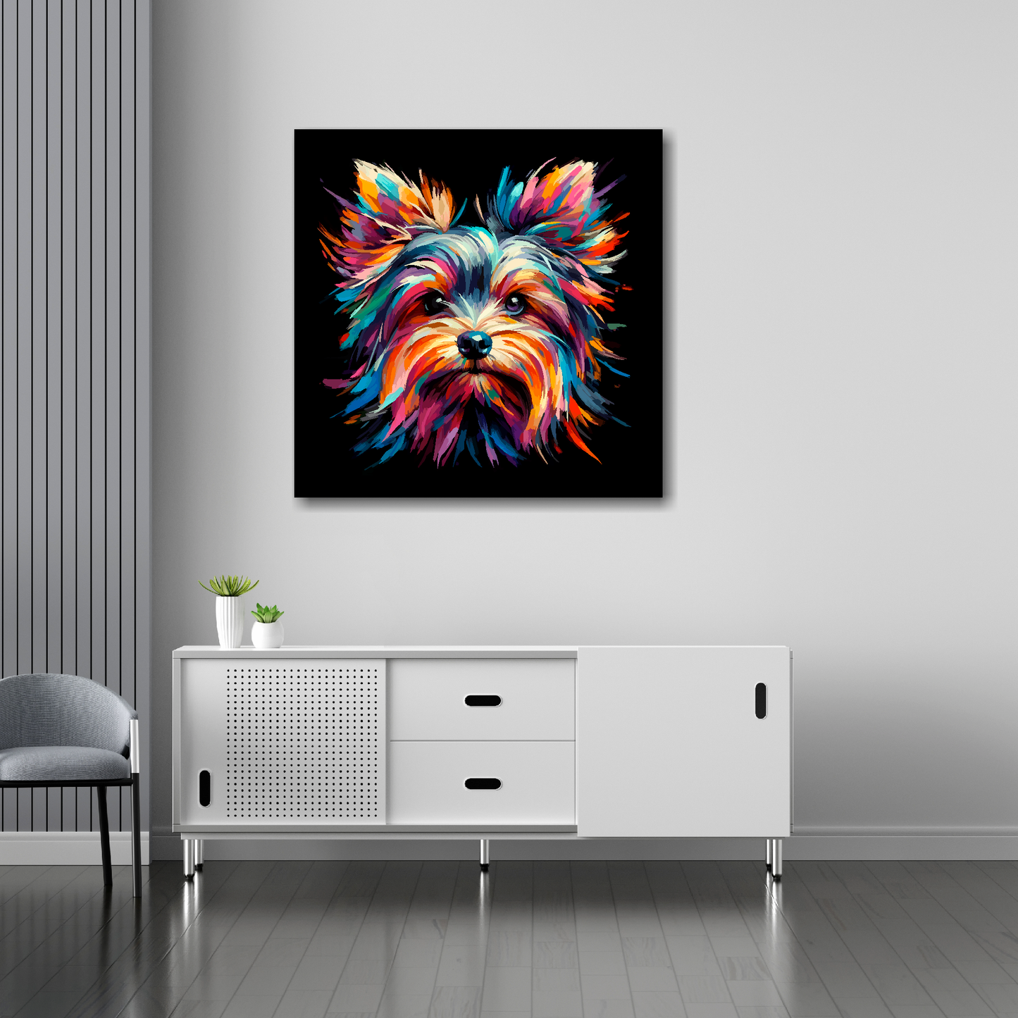 Yorkshire Terrier canvas 30x30 inches above sideboard - large colourful dog portrait UK made