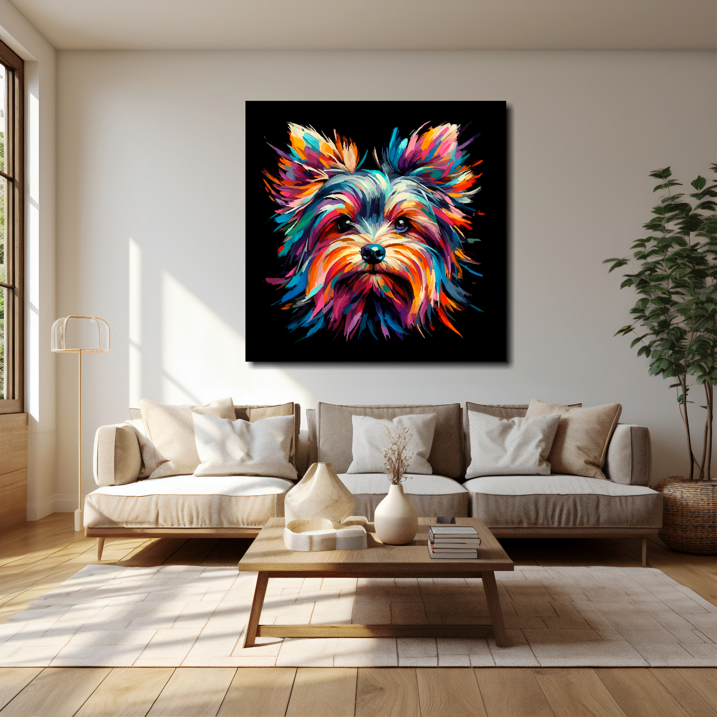 Yorkshire Terrier canvas 40x40 inches above cream sofa - XL vibrant dog wall art UK