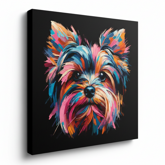 Colourful Yorkie Russell dog portrait canvas print - UK made abstract pet wall art black background