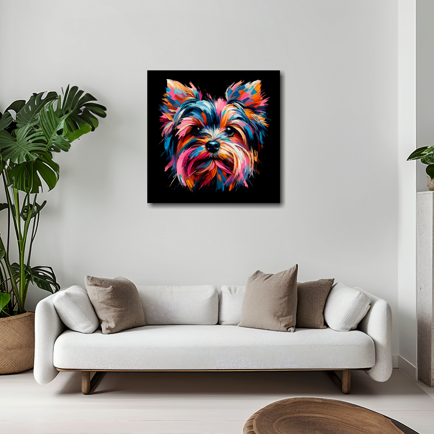 Yorkie Russell canvas 20x20 inches above white sofa - vibrant dog portrait wall art UK