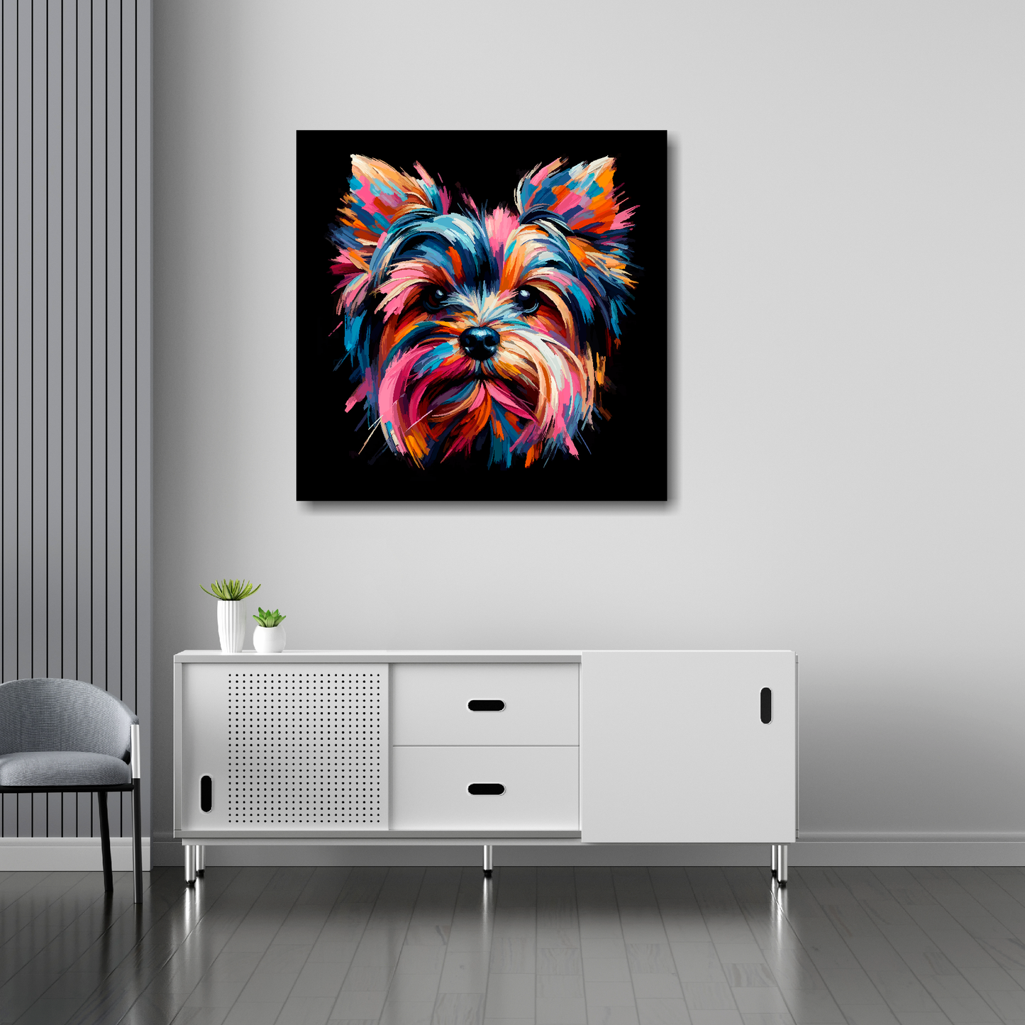 Yorkie Russell canvas 30x30 inches above sideboard - large colourful dog portrait UK made