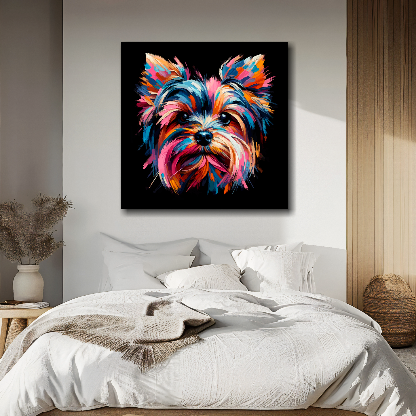 Yorkie Russell portrait canvas above bed - colourful dog wall decor for UK bedrooms