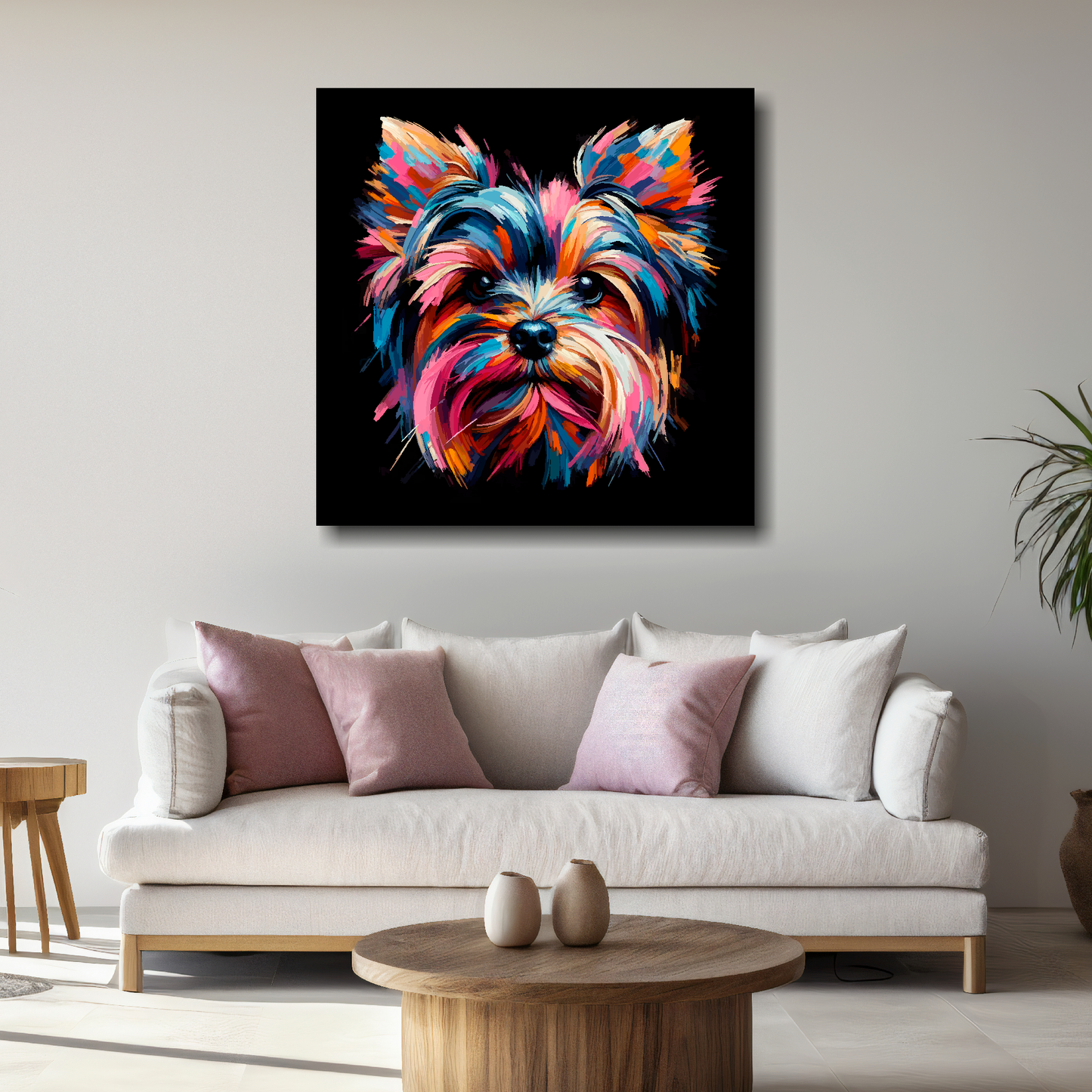 Large Yorkie Russell canvas above white sofa - vibrant abstract dog portrait wall art UK