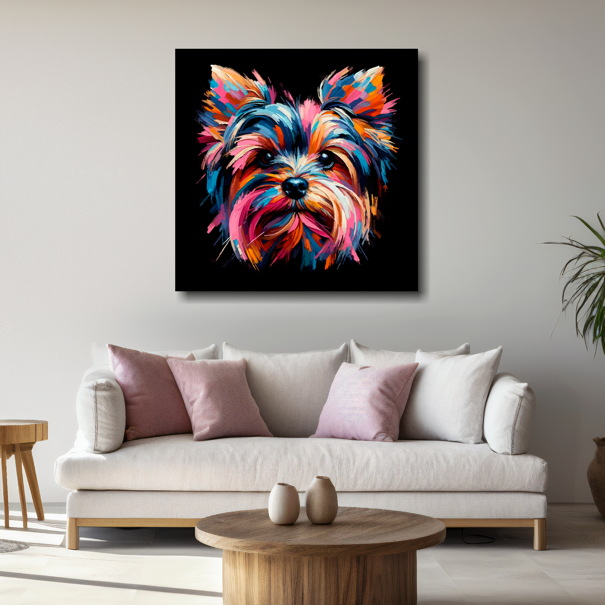 Large Yorkie Russell canvas above white sofa - vibrant abstract dog portrait wall art UK