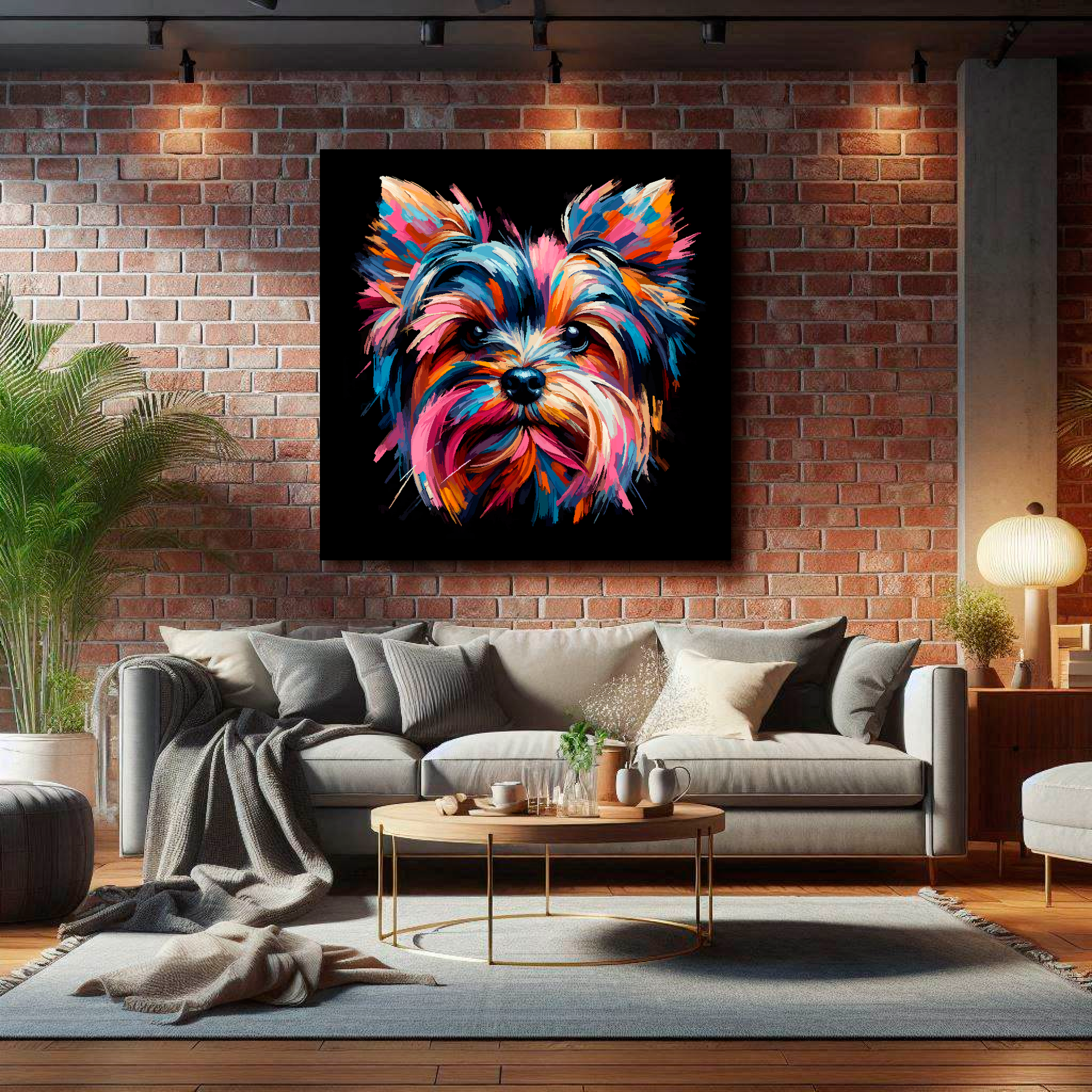 Large Yorkie Russell canvas on brick wall above grey sofa - bold dog portrait UK living room