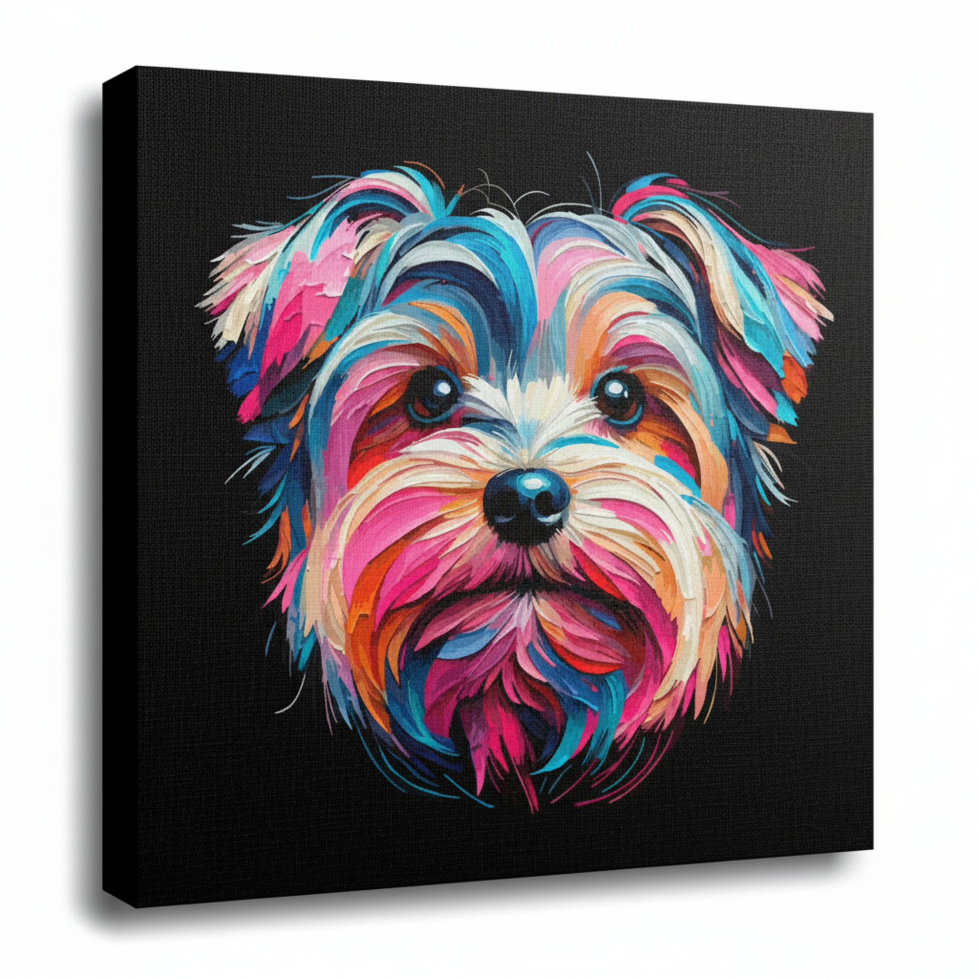 Colourful Yorkiepoo dog portrait canvas print - UK made abstract pet wall art black background